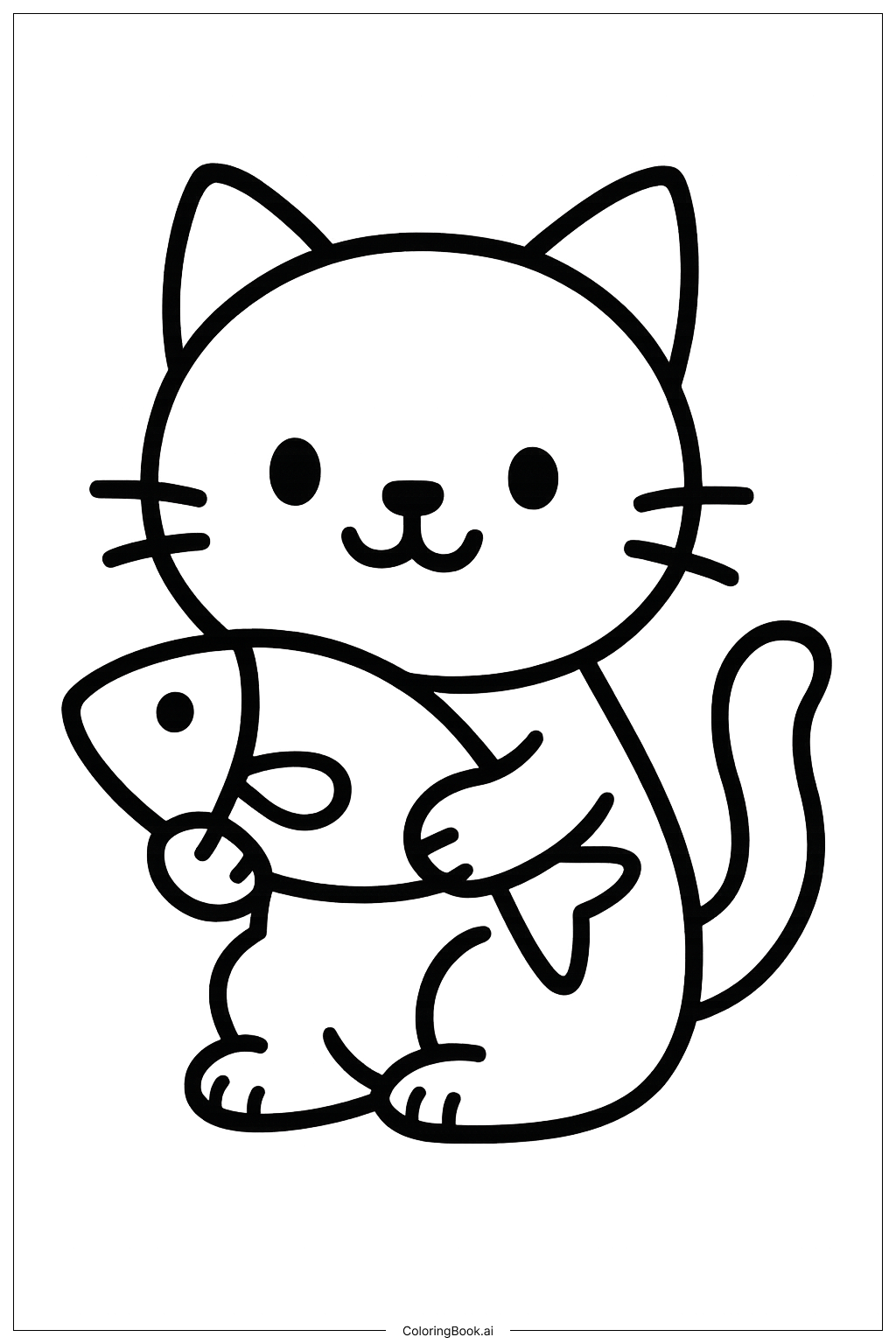  Página para colorir de Gatinho Fofo com Peixe 