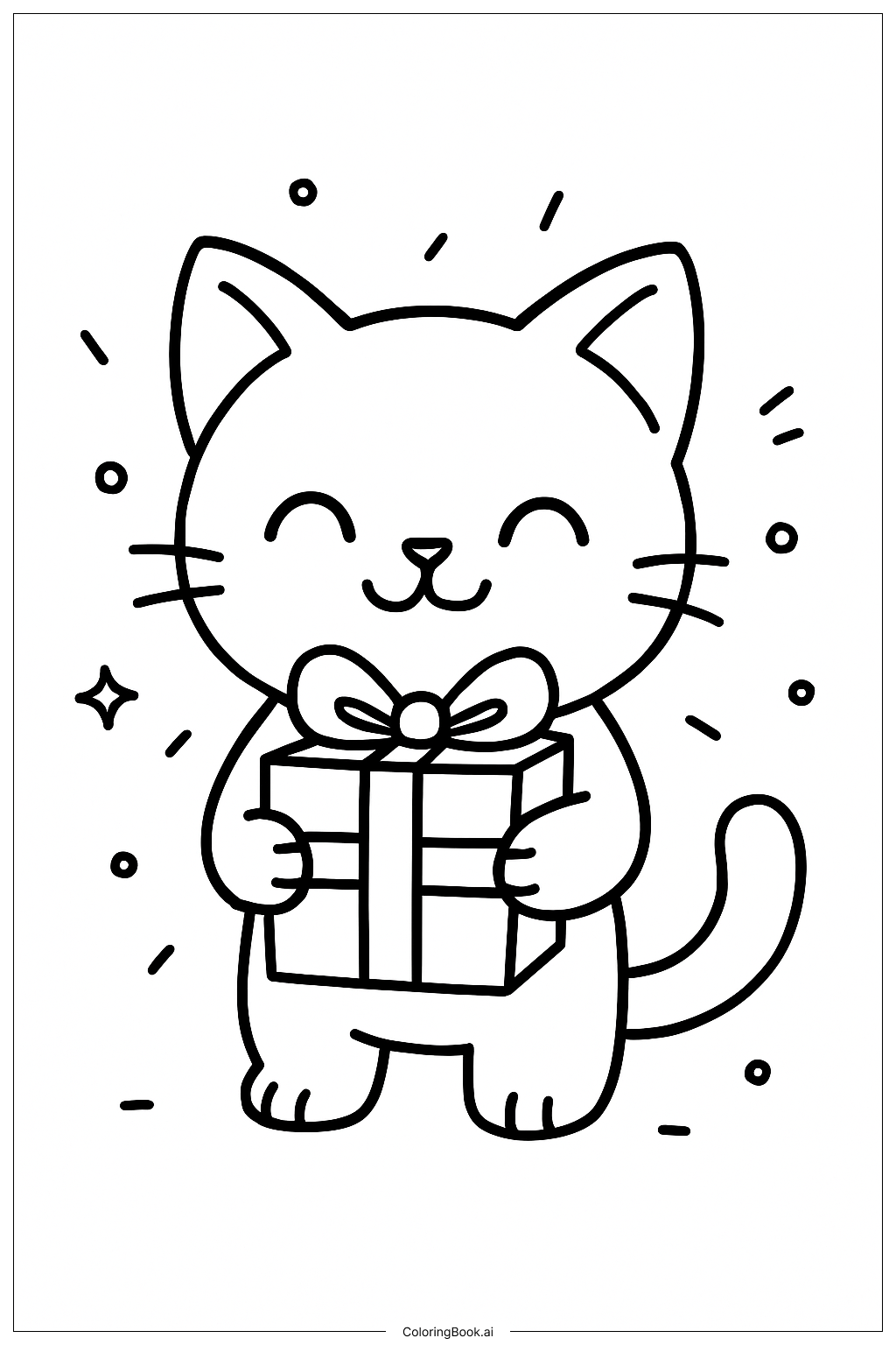  Página para colorir de Gatinho Fofo com Presente 