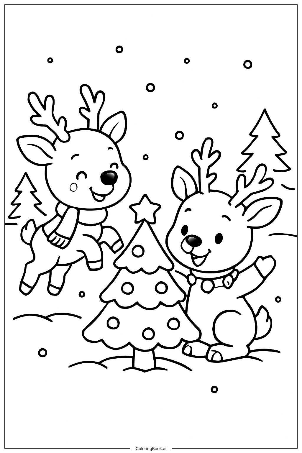  Cute Christmas Reindeer Friends Coloring Page 