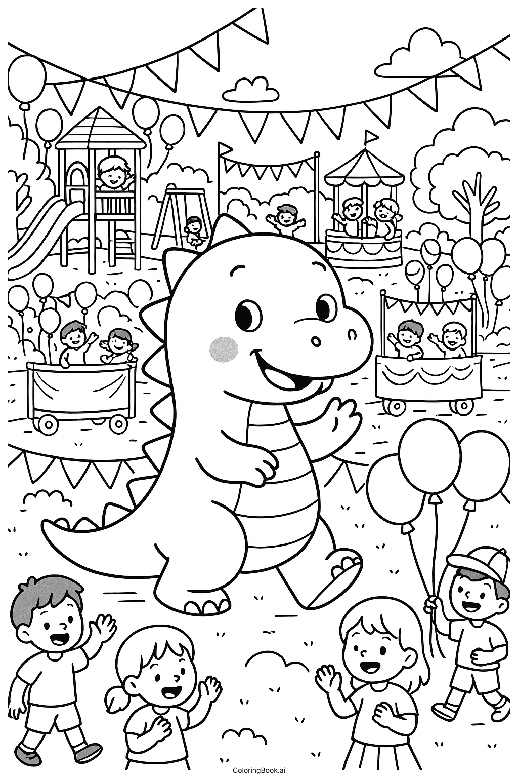  遊び場のパレードのかわいい恐竜の塗り絵ページ 
