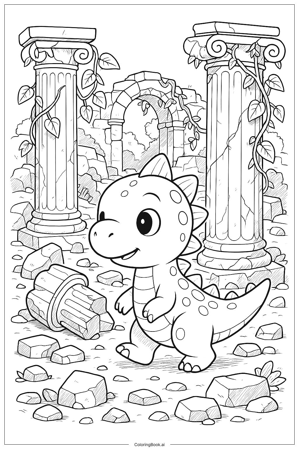 かわいい恐竜が古代遺跡を探検する