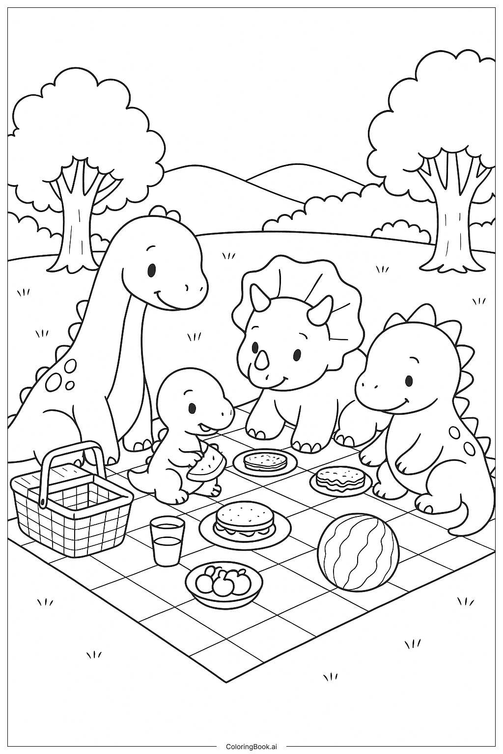  かわいい恐竜家族のピクニック風景の塗り絵ページ 