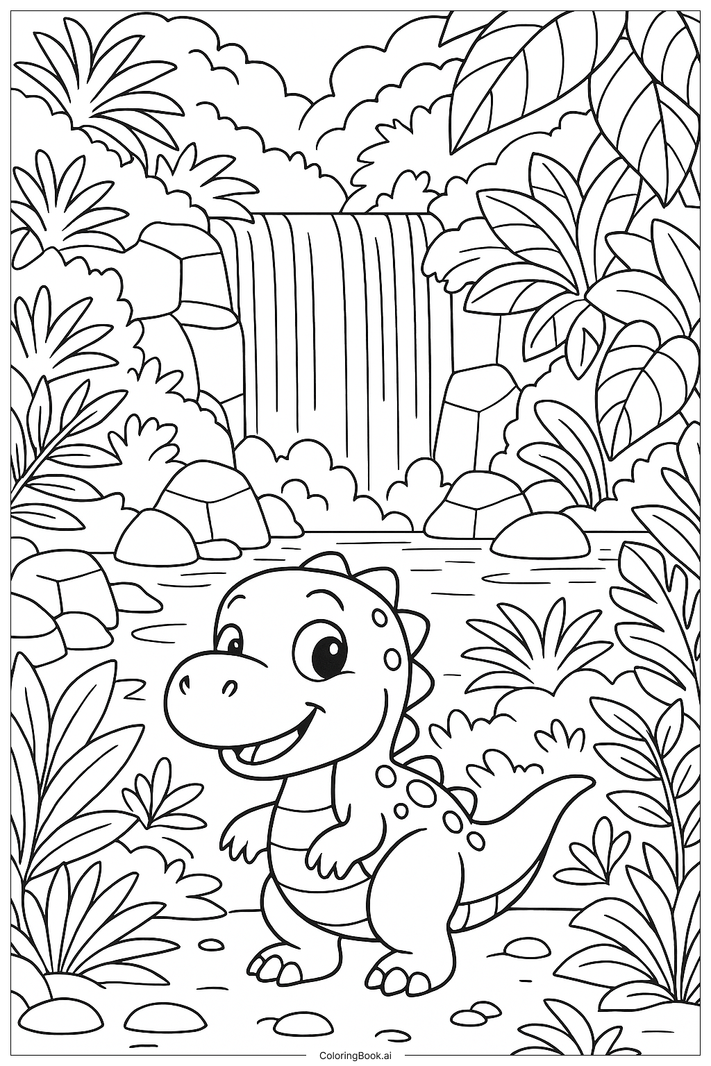 정글 폭포의 귀여운 공룡 색칠공부 페이지