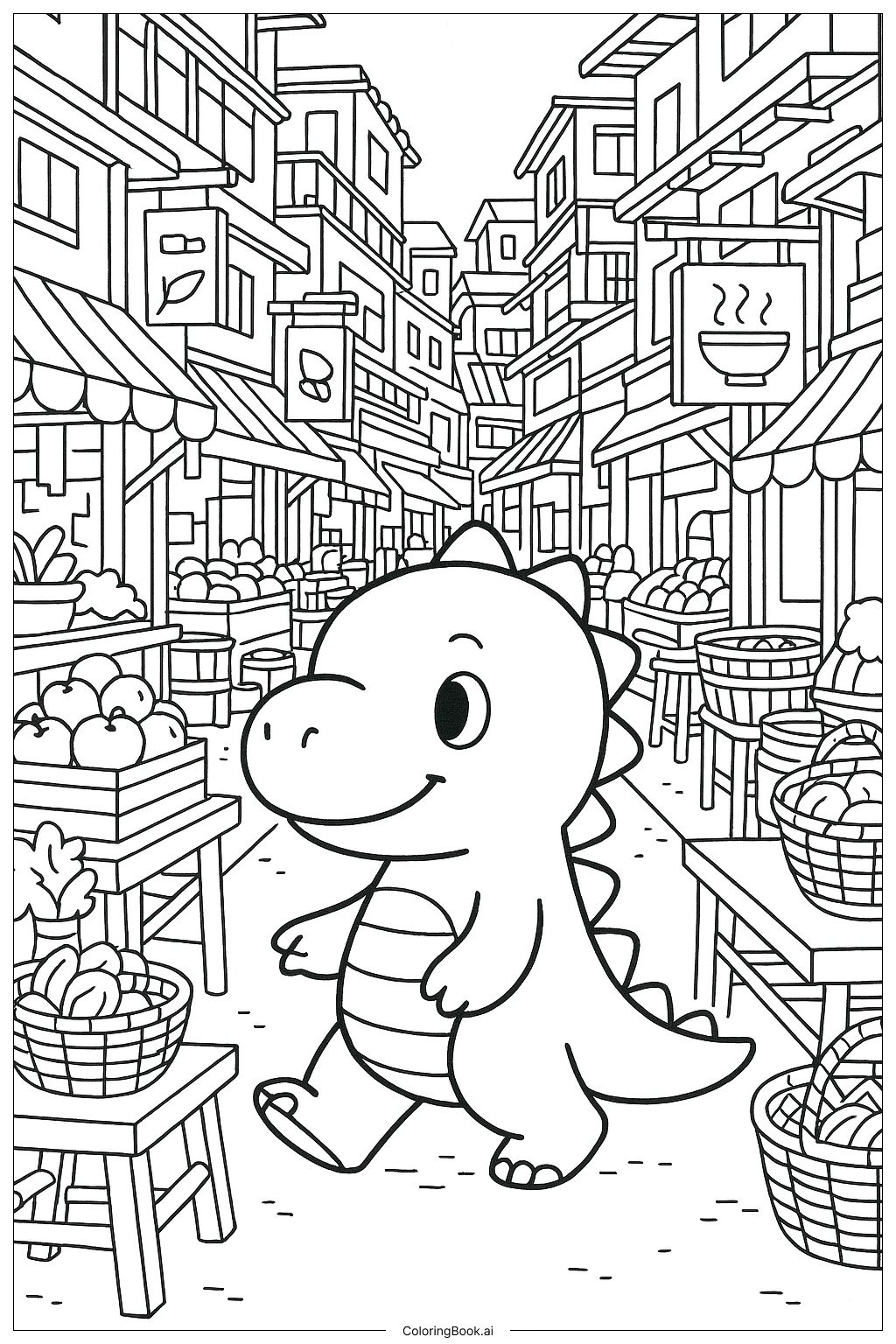 귀여운 공룡 시장 거리 풍경 색칠공부 페이지