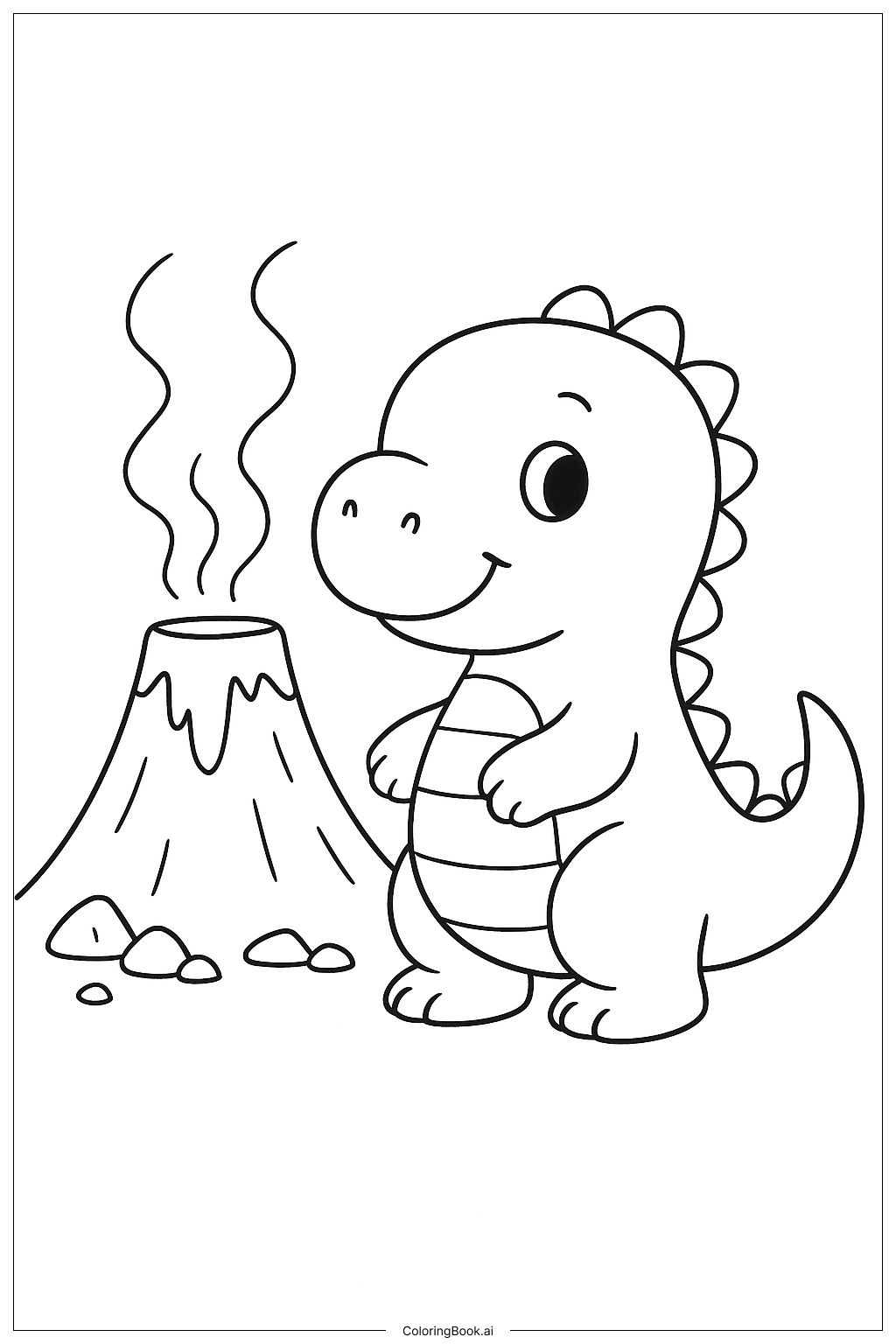  火山のそばにいるかわいい恐竜の塗り絵ページ 