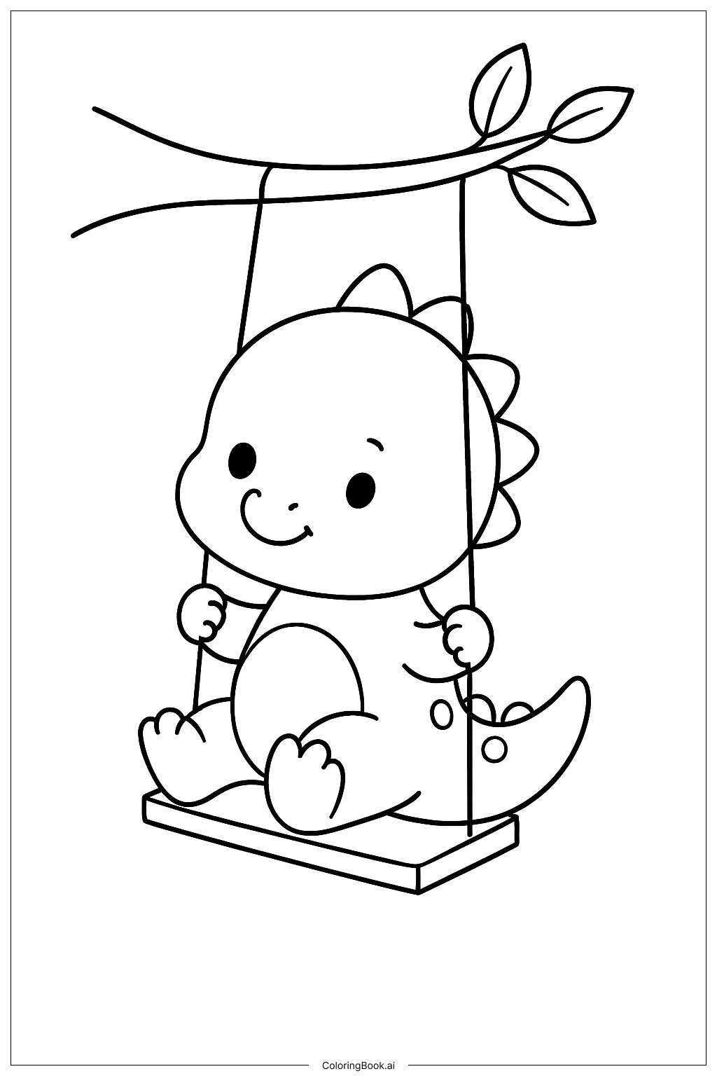  ブランコに乗ったかわいい恐竜の塗り絵ページ 