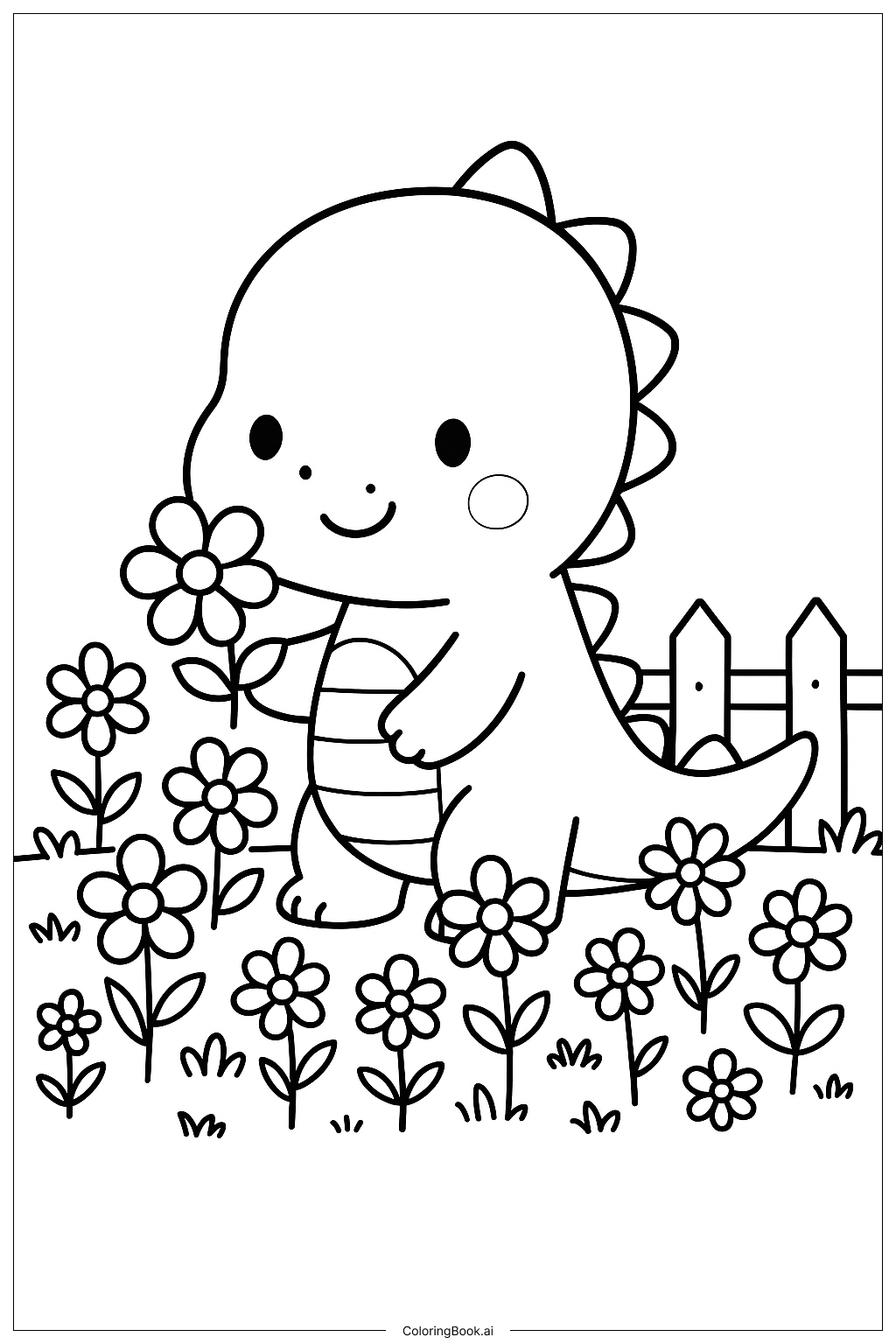 꽃을 따는 귀여운 공룡 색칠공부 페이지