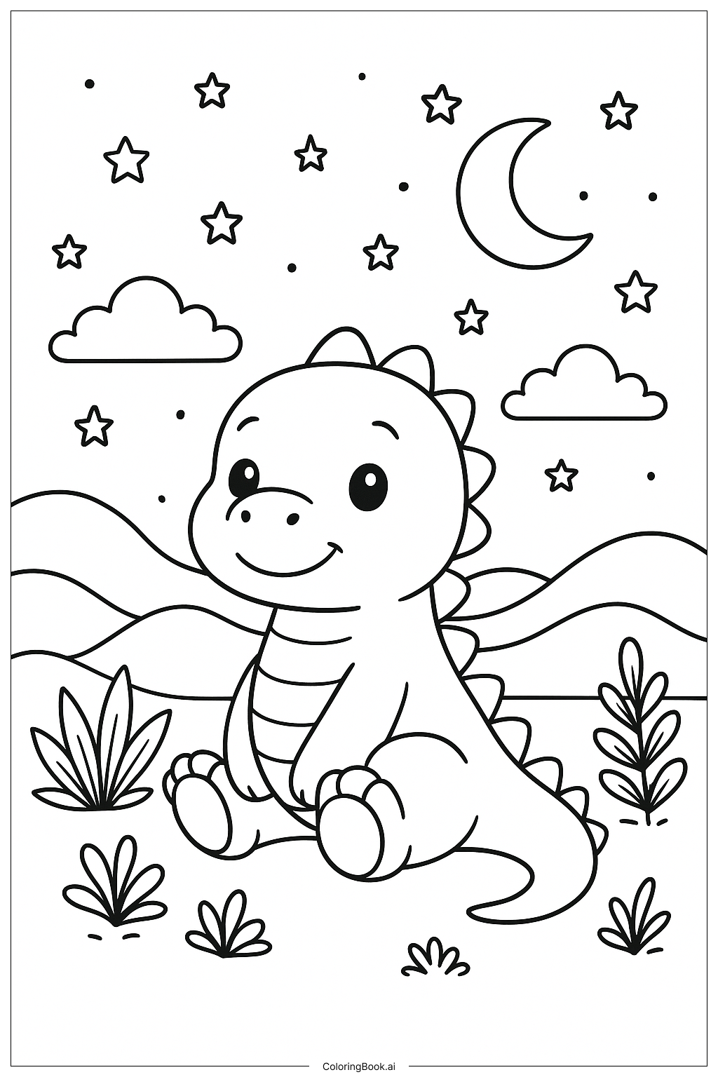 별이 빛나는 하늘 아래 귀여운 공룡 색칠공부 페이지