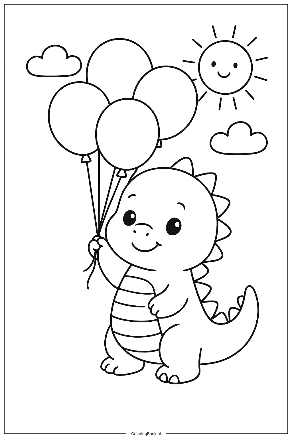 풍선이 달린 귀여운 공룡 색칠공부 페이지