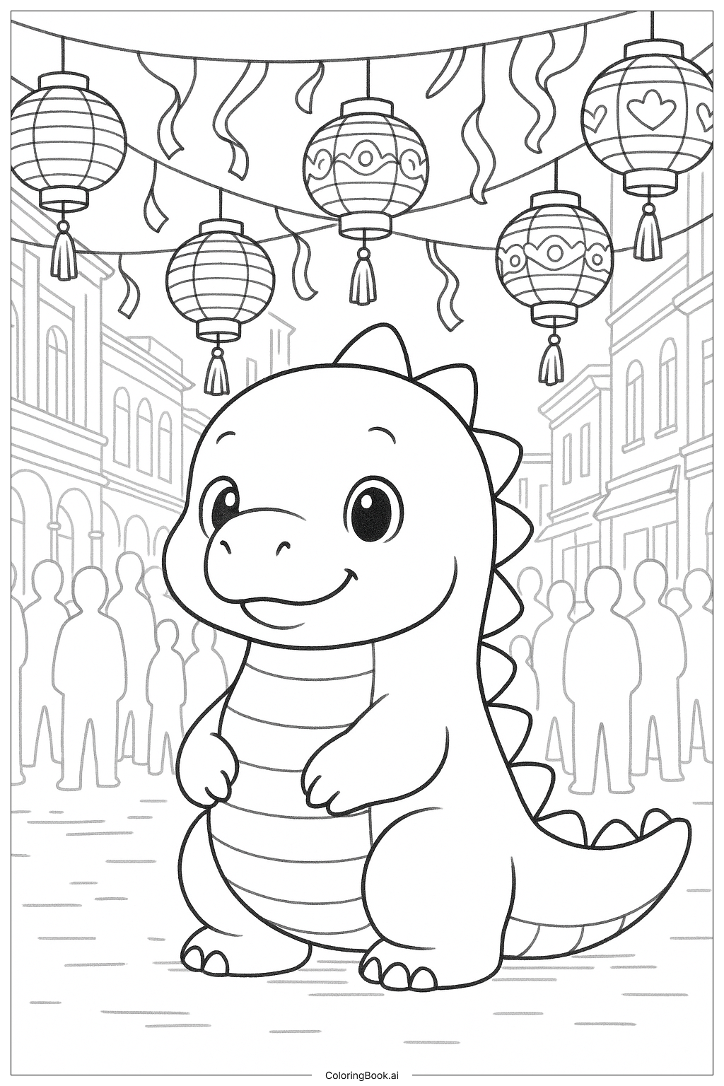 축제 등불과 귀여운 공룡 색칠공부 페이지