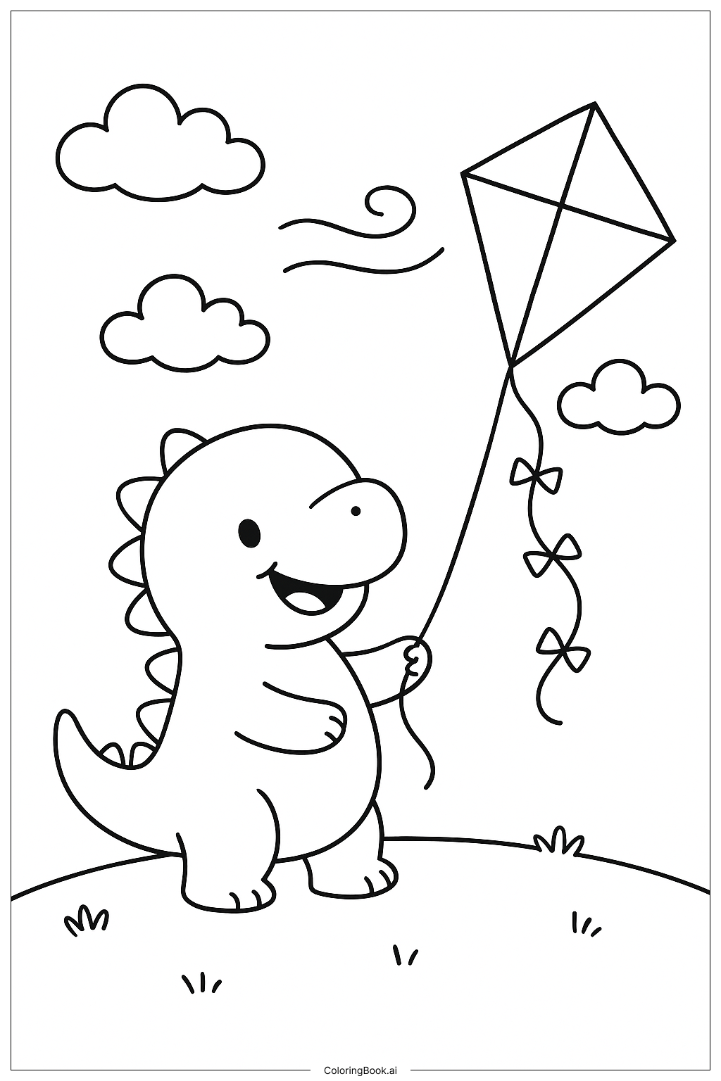 연을 든 귀여운 공룡 색칠공부 페이지