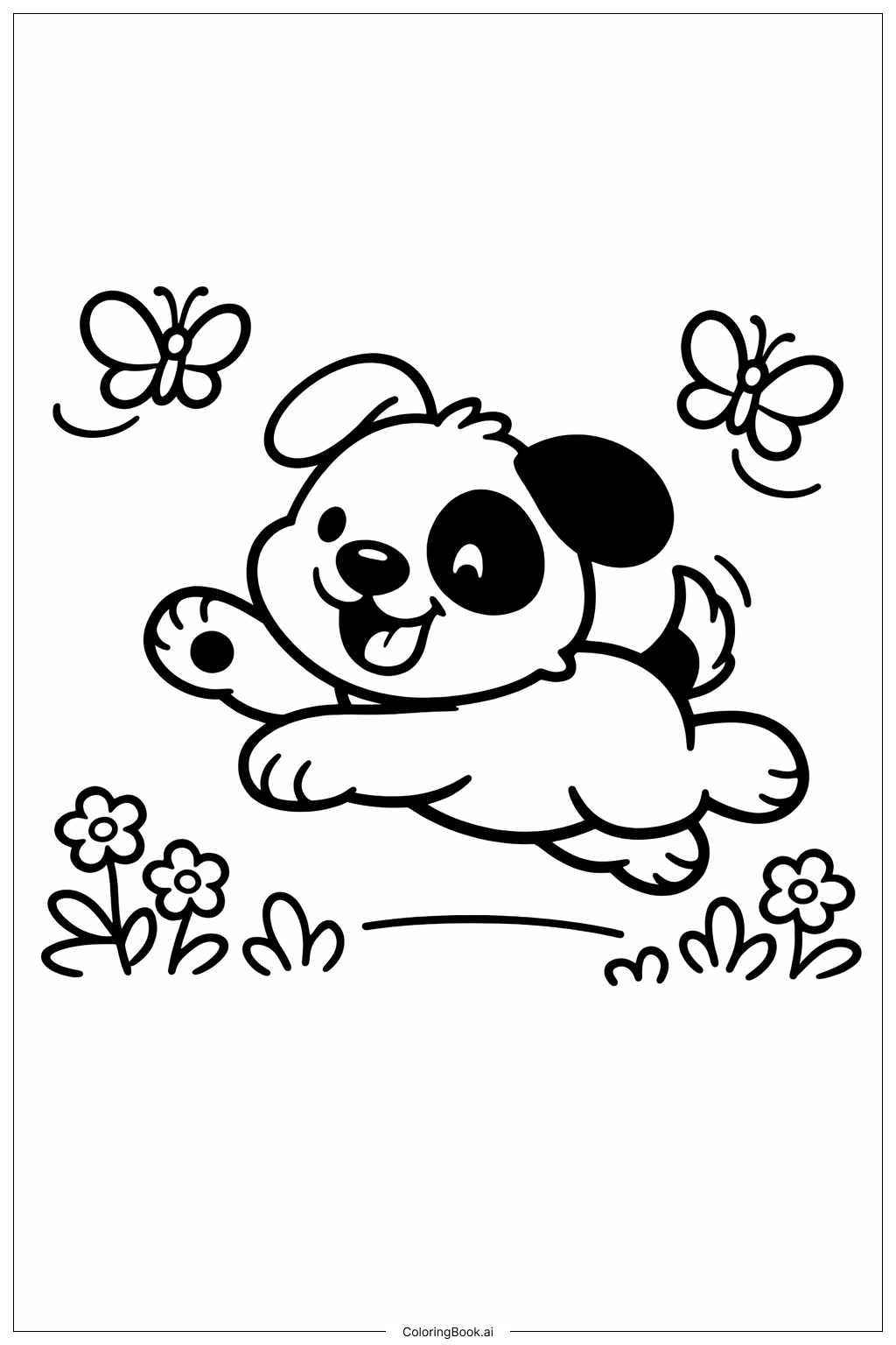  かわいい犬が蝶を追いかけるの塗り絵ページ 