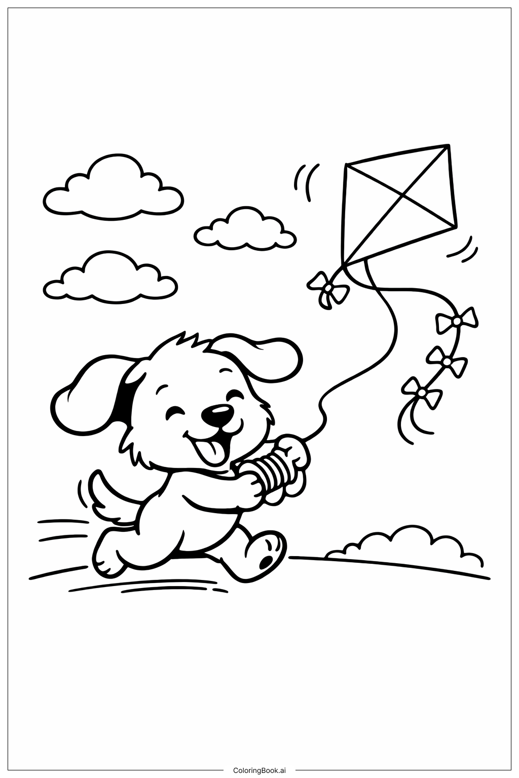  Page de coloriage Chien mignon faisant voler un cerf-volant 