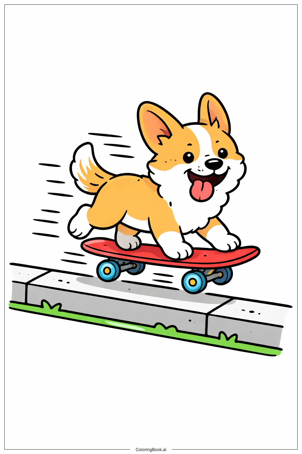  スケートボードに乗ったかわいい犬の塗り絵ページ 