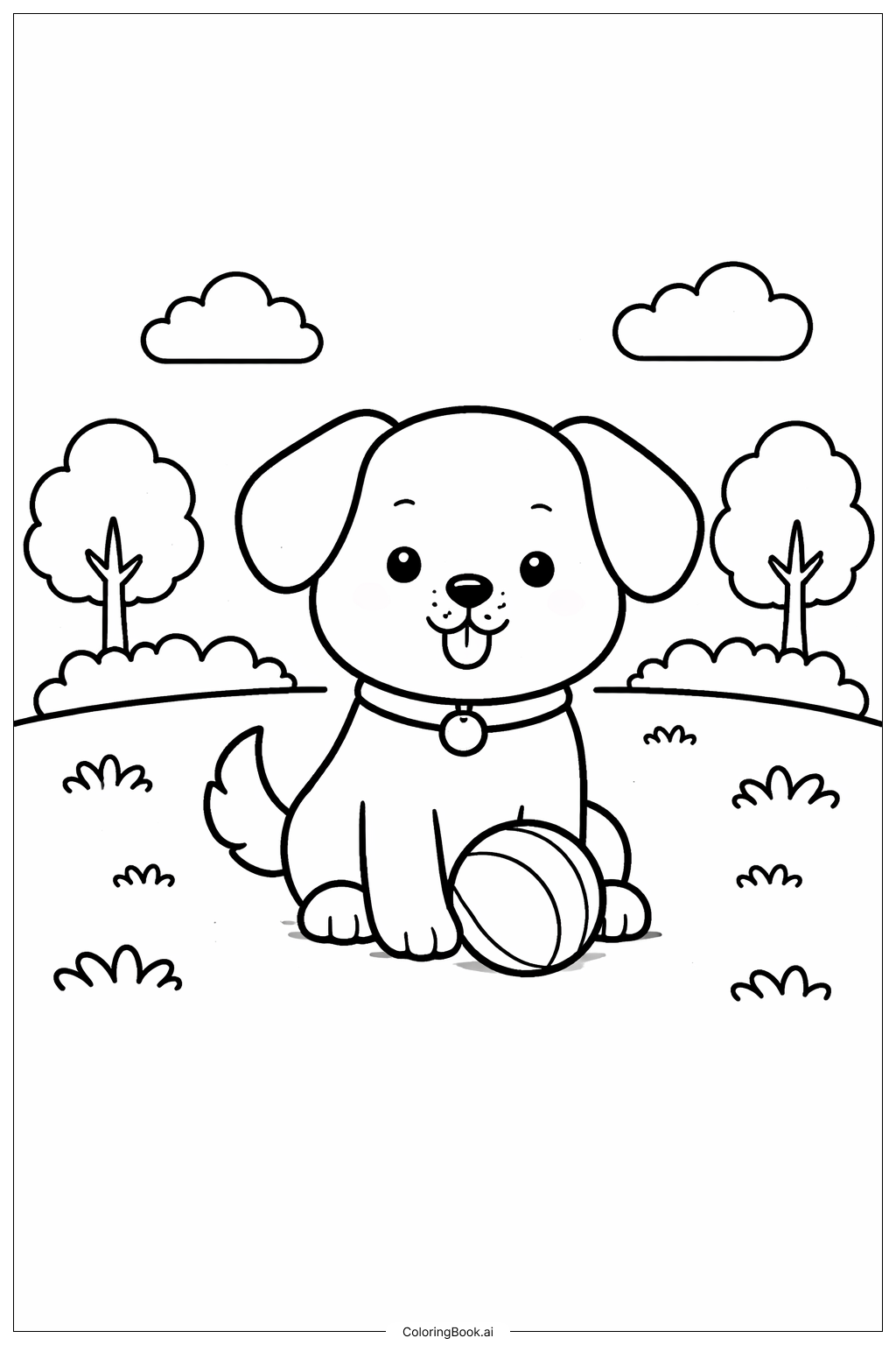  ボールとかわいい犬の塗り絵ページ 