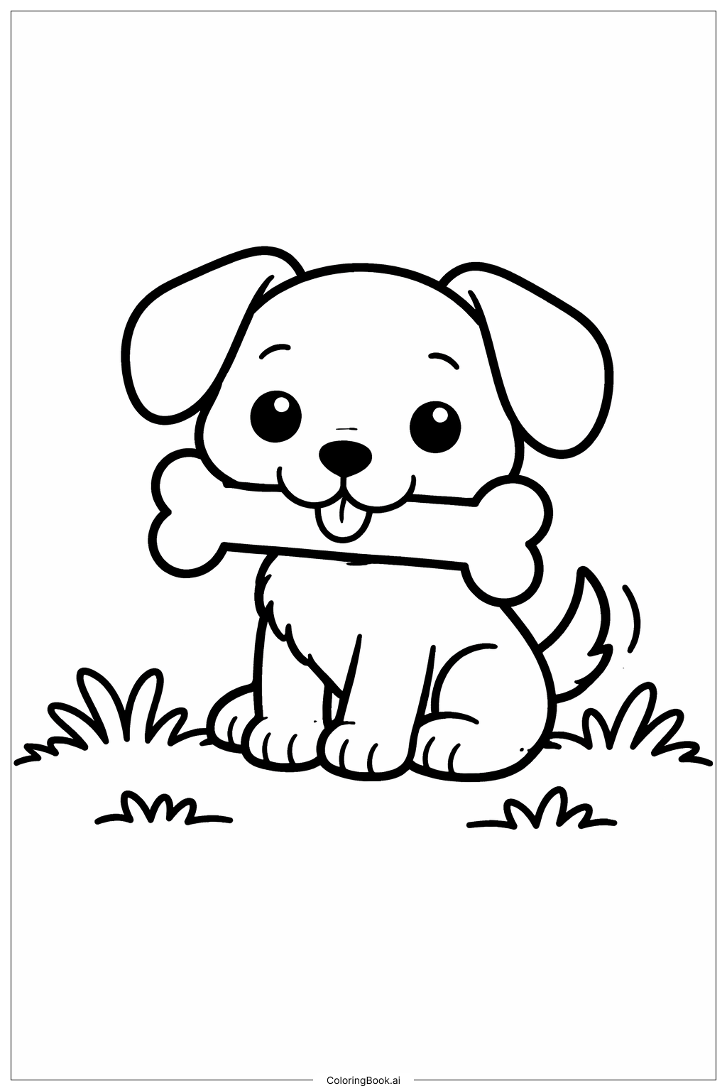  骨をくわえたかわいい犬の塗り絵ページ 