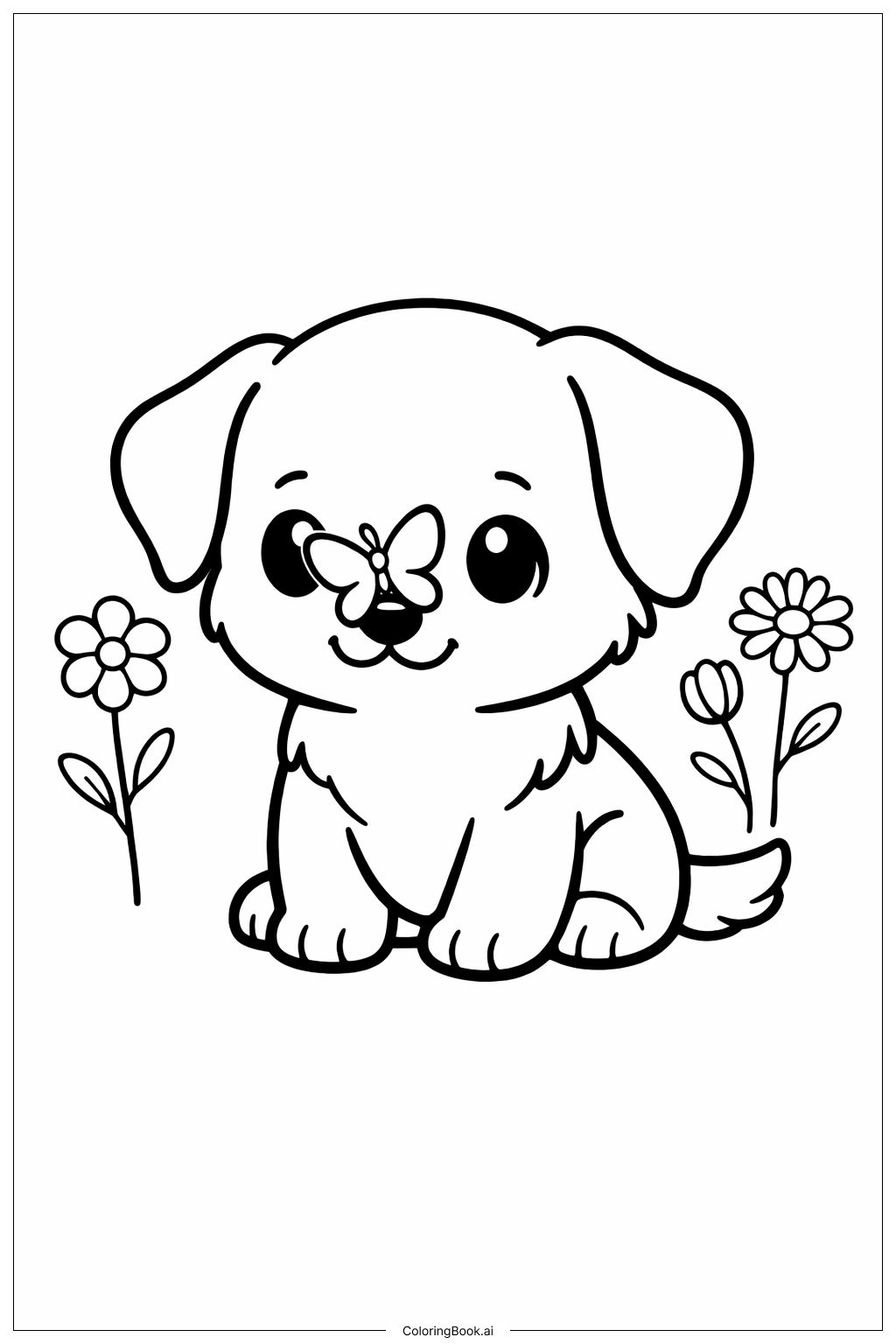  Page de coloriage Chien mignon avec papillon 