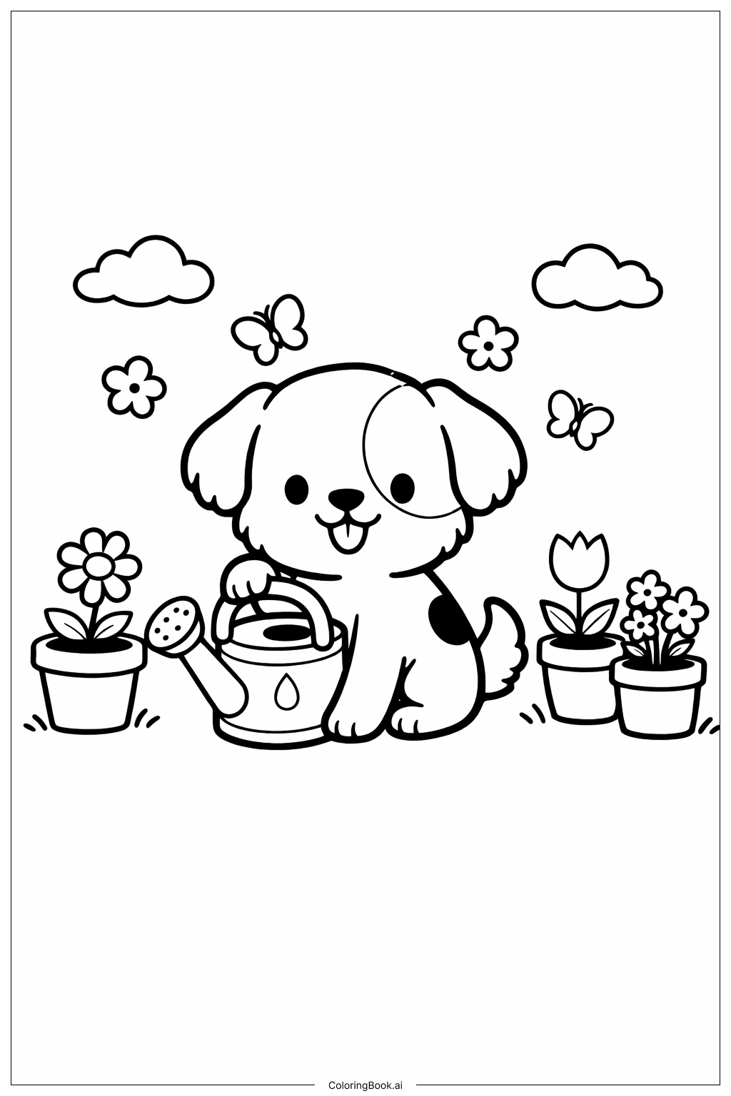  可爱的小狗和浇花壶填色页 