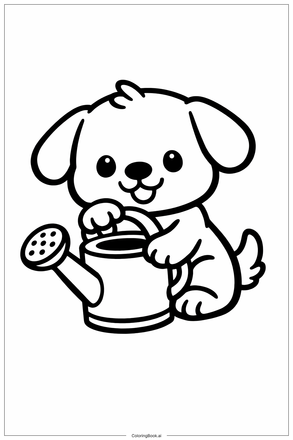  ジョウロを持ったかわいい犬の塗り絵ページ 