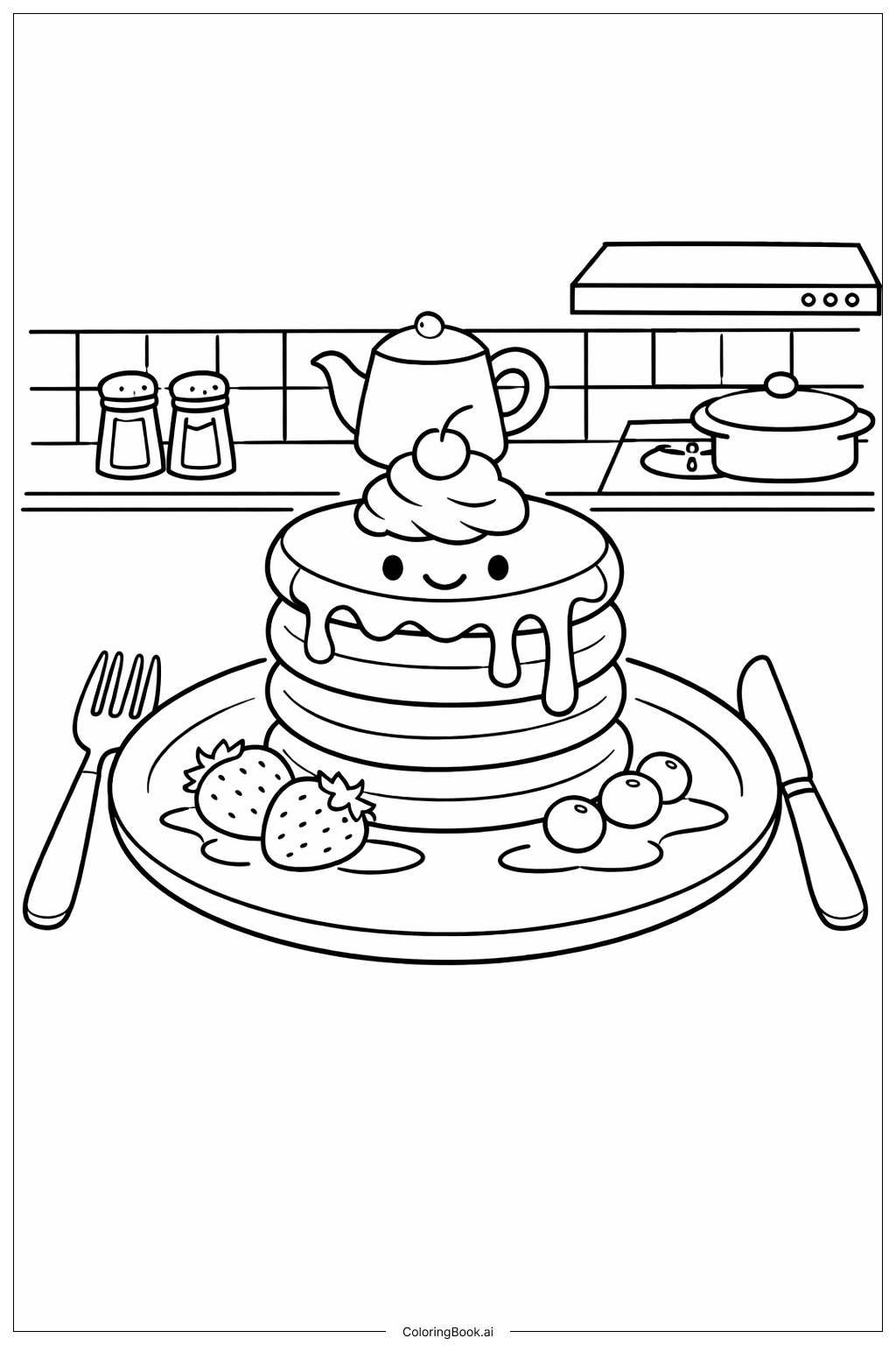 귀여운 음식 행복한 팬케이크 아침 식사 색칠공부 페이지