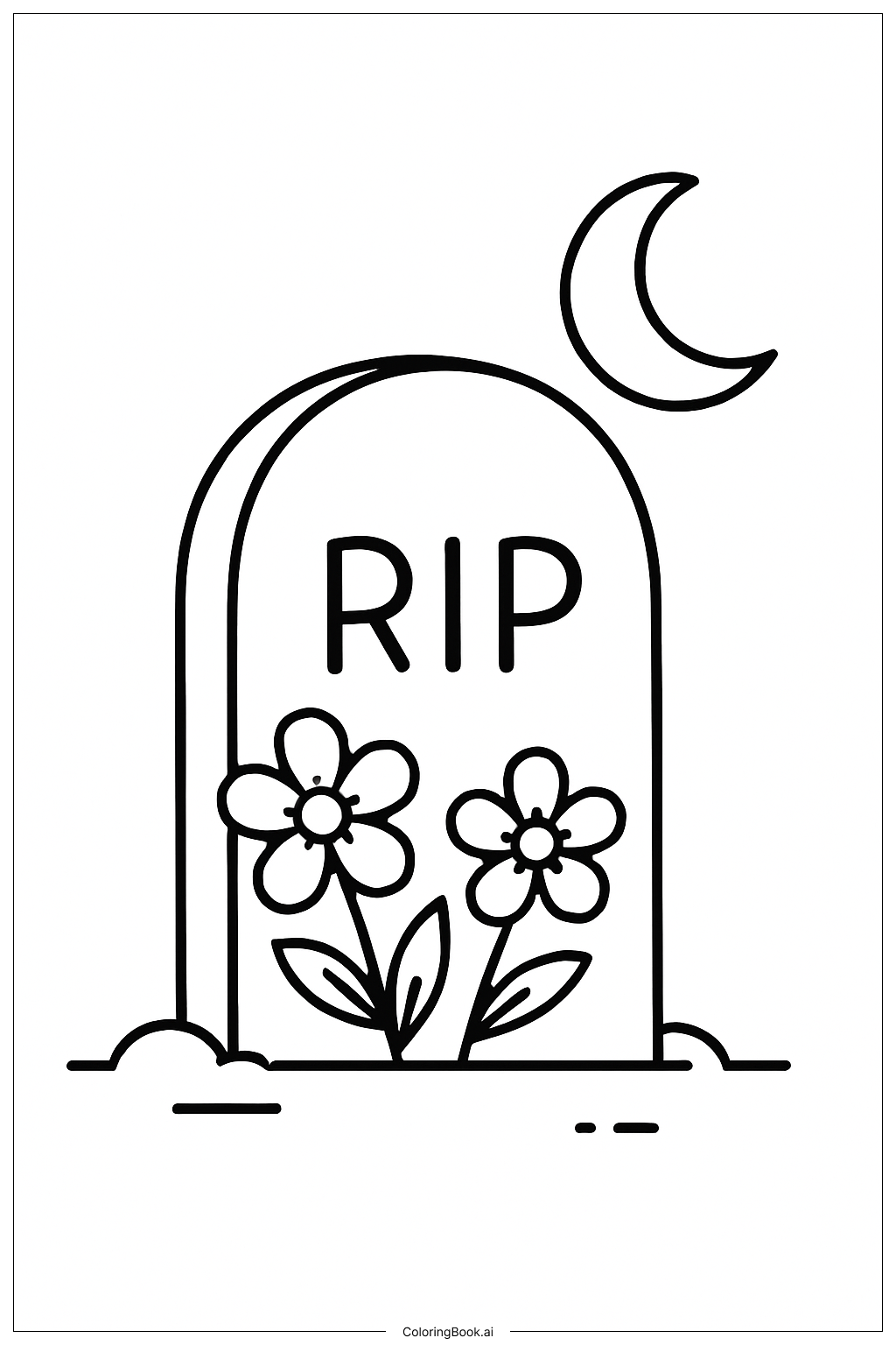  꽃이 있는 귀여운 할로윈 달빛 묘지 색칠공부 페이지 