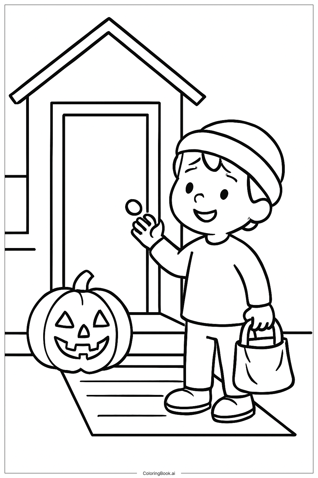  Página para colorir de Cena Fofa de Halloween Doces ou Travessuras 