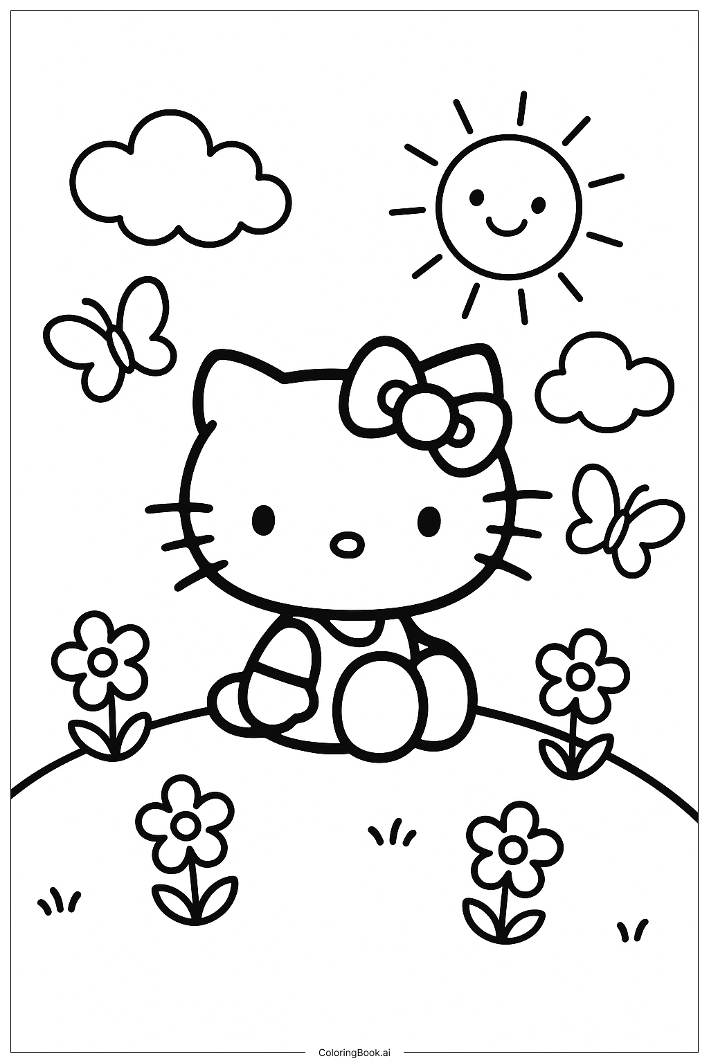 可愛的Hello Kitty在花園裡著色頁