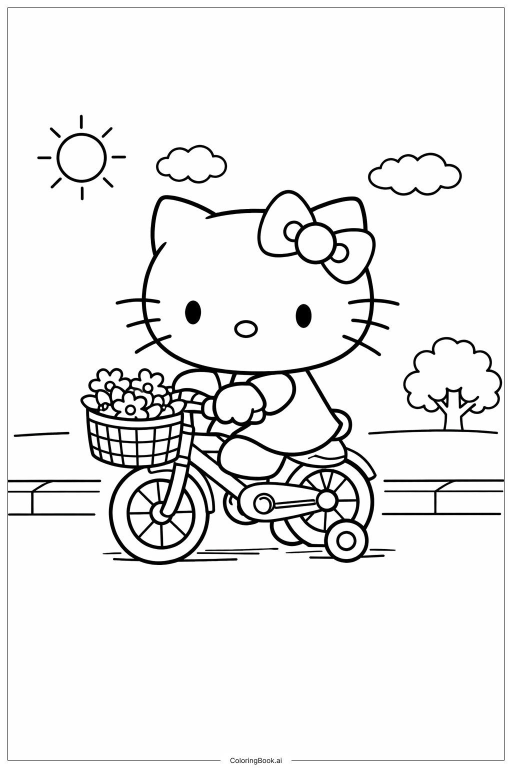 可愛的Hello Kitty騎腳踏車著色頁