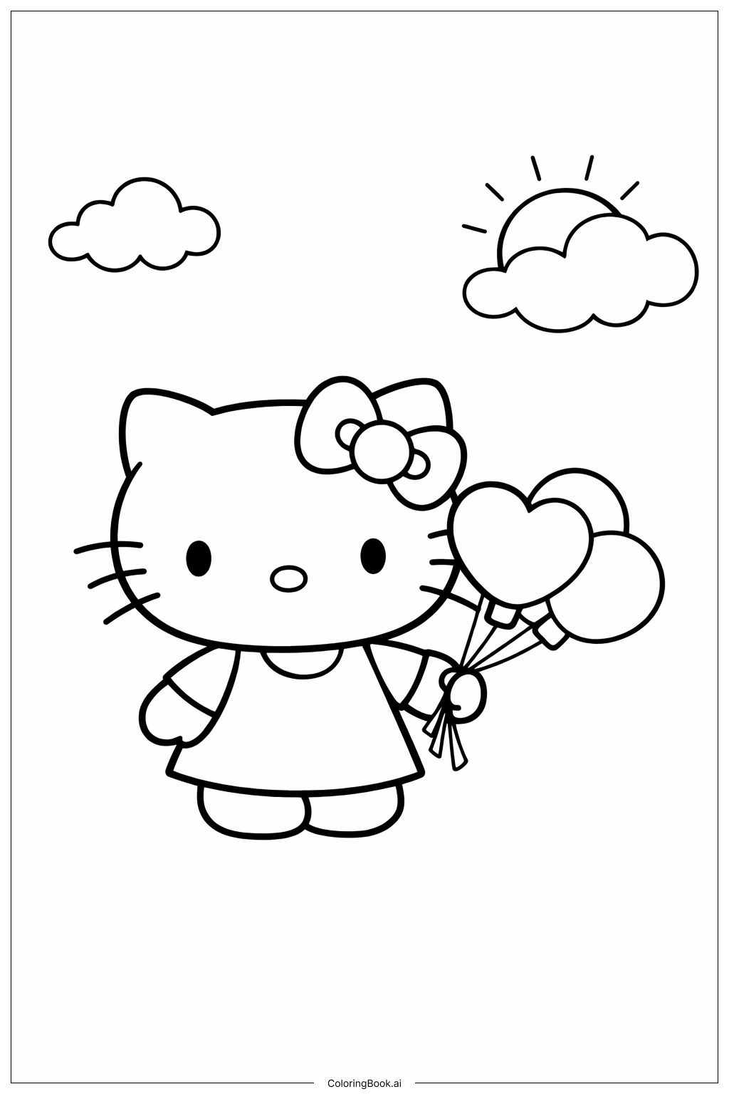 可愛的Hello Kitty拿著氣球花束著色頁