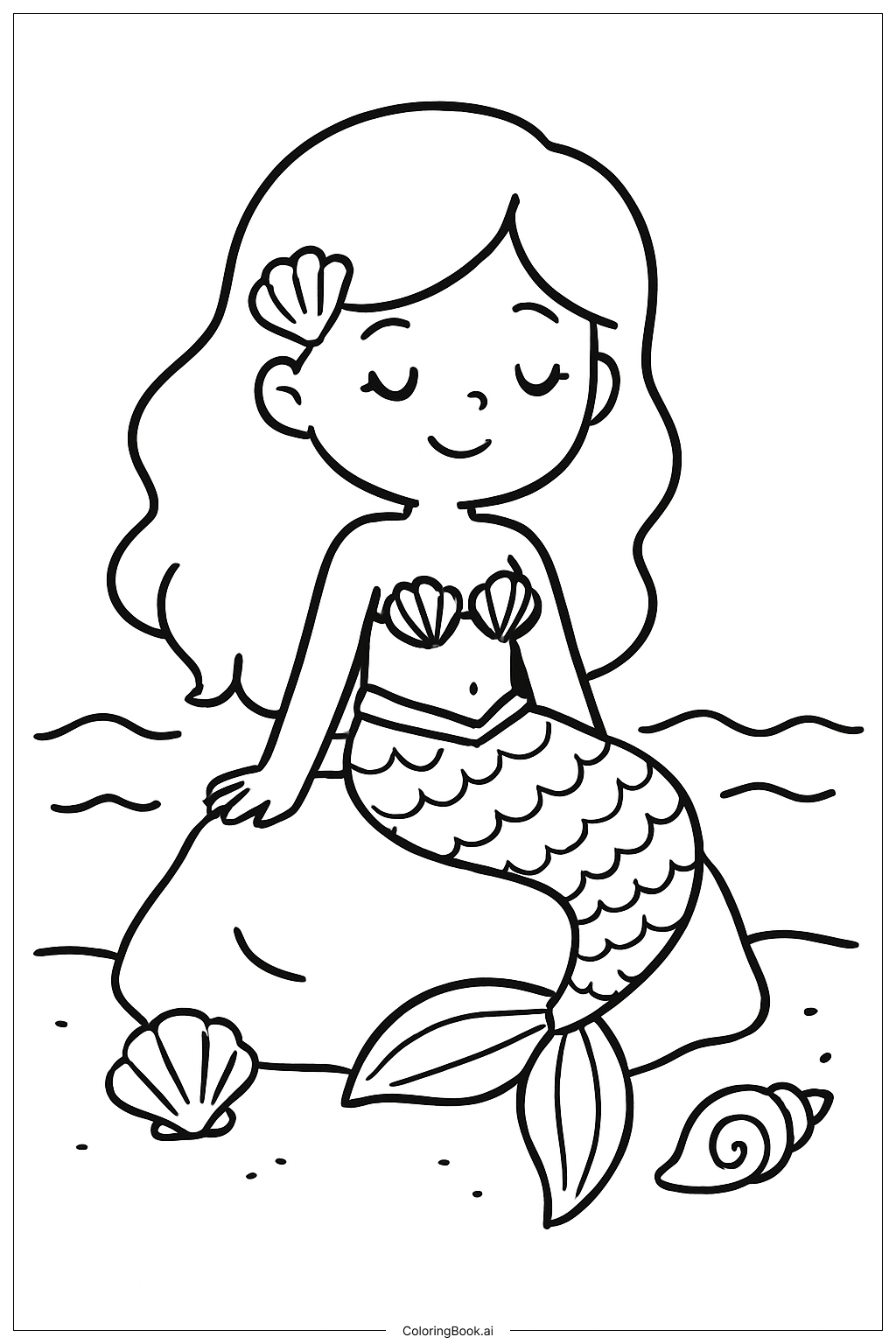 Cute Mermaid On Rock Coloring Page