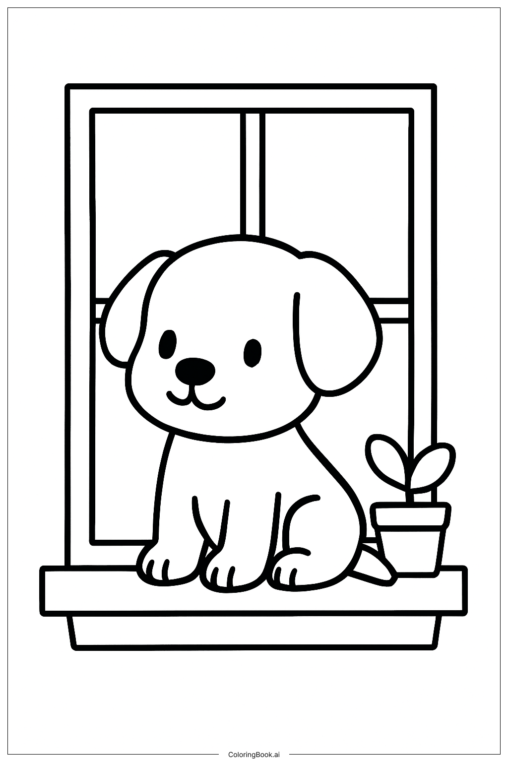  Página para colorear de Lindo Cachorro en la Ventana 
