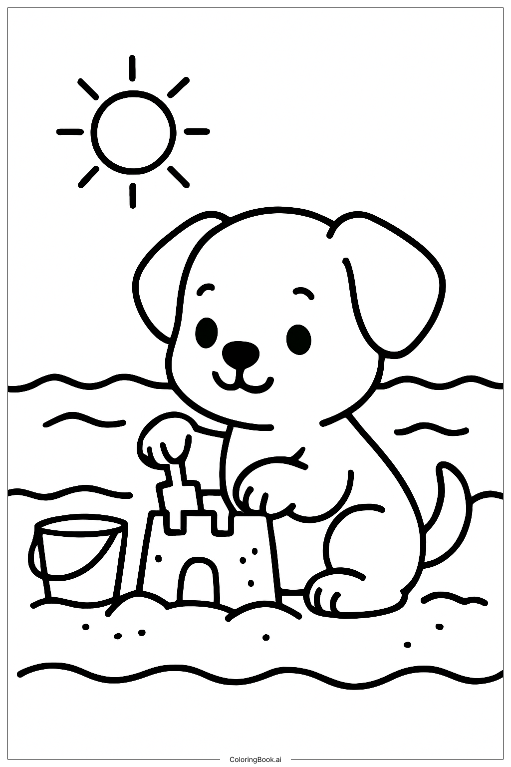 Adorable cachorro construyendo un castillo de arena