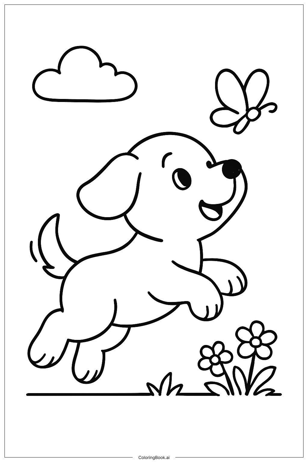  Página para colorear de Cachorro lindo persiguiendo una mariposa 