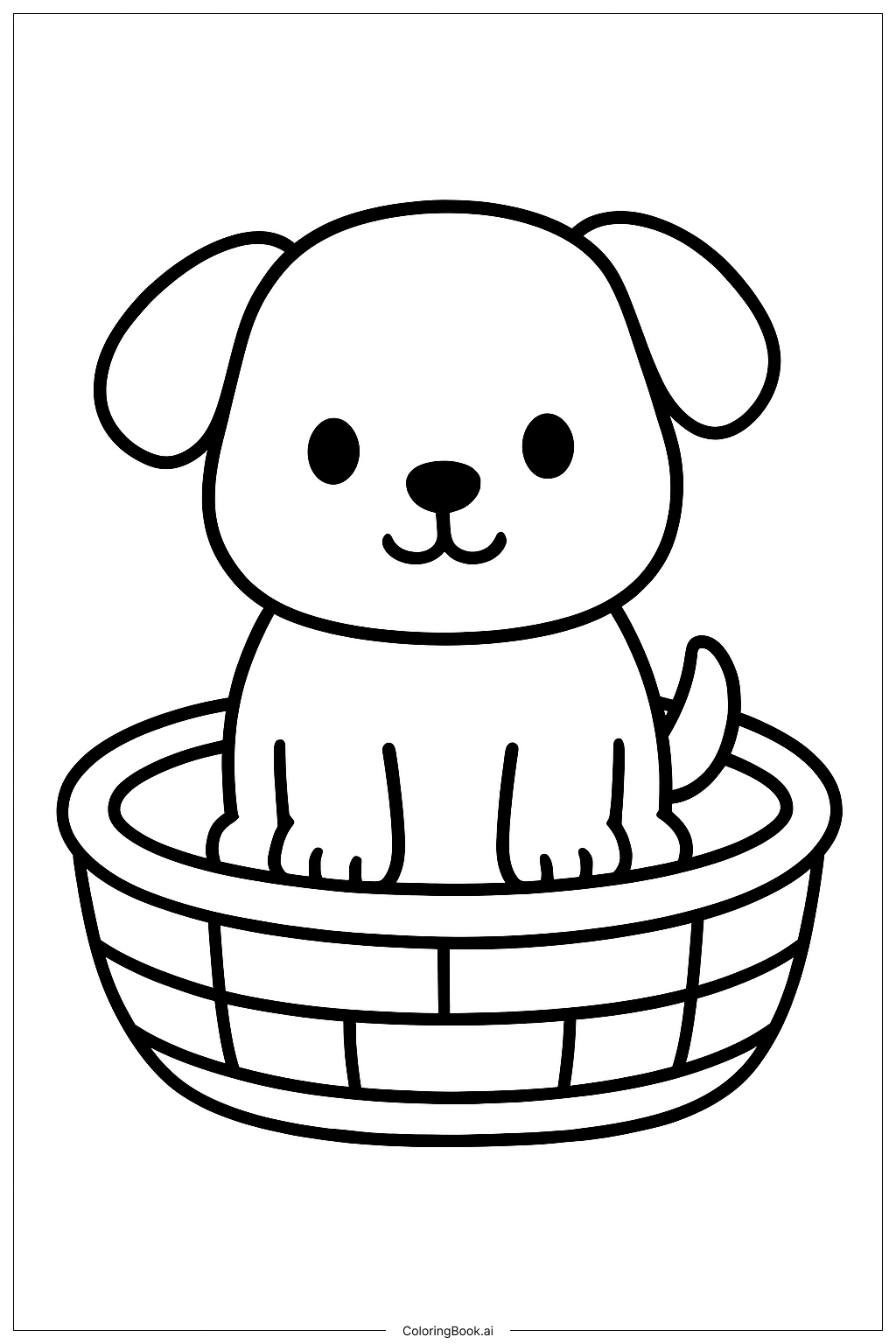  Página para colorear de Perrito Adorable en Cesta 