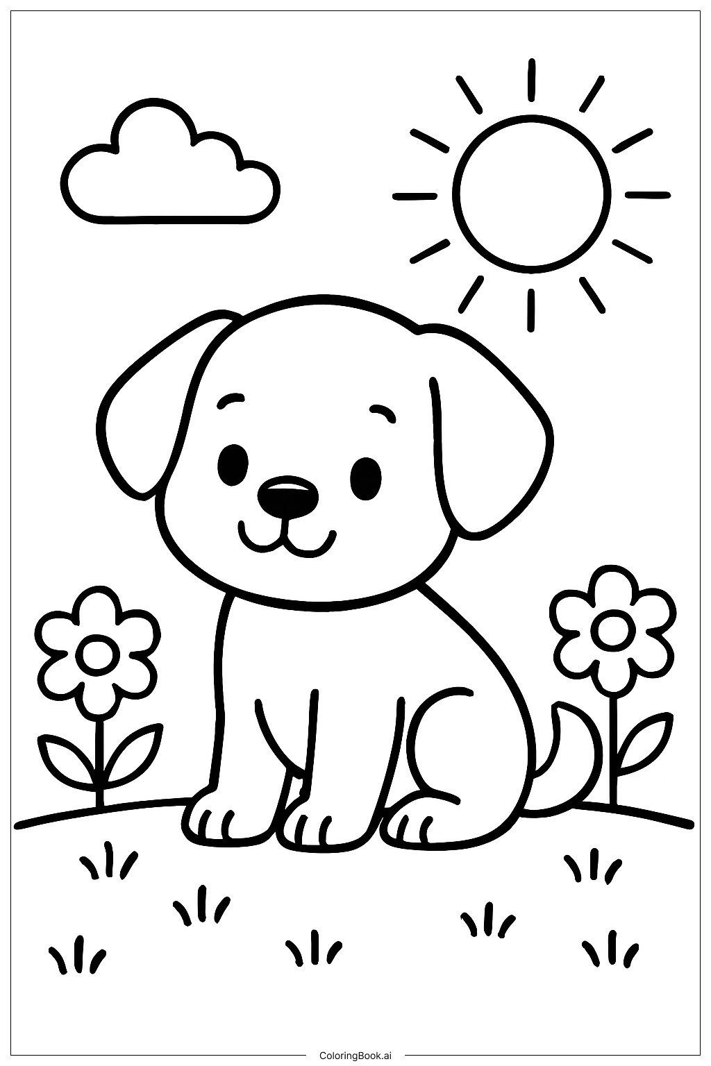  Página para colorear de Perrito lindo en el jardín 