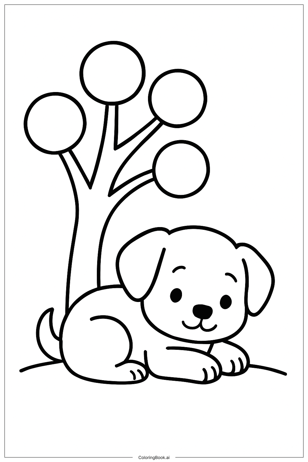  Página para colorear de Adorable cachorro bajo un árbol 