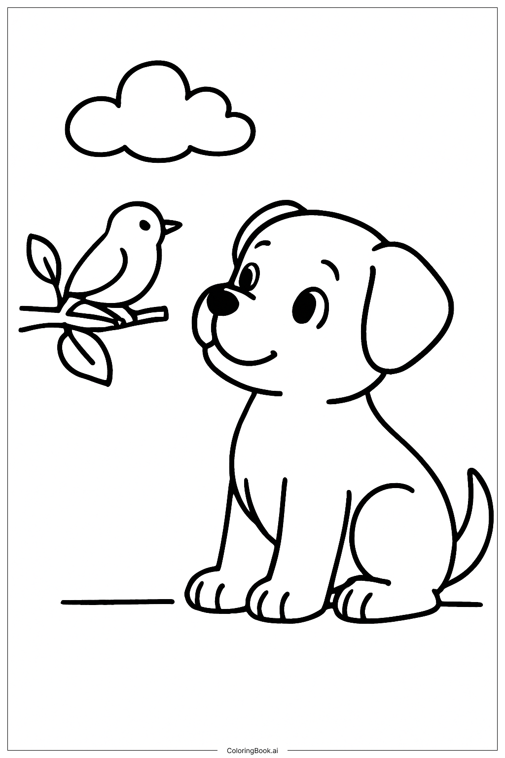  Página para colorear de Lindo Cachorro con Pájaro 