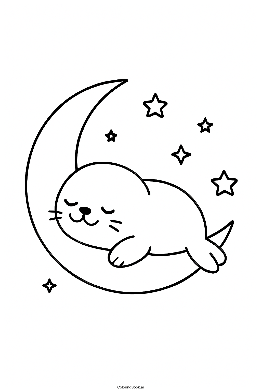 Cute Seal On Moon Coloring Page