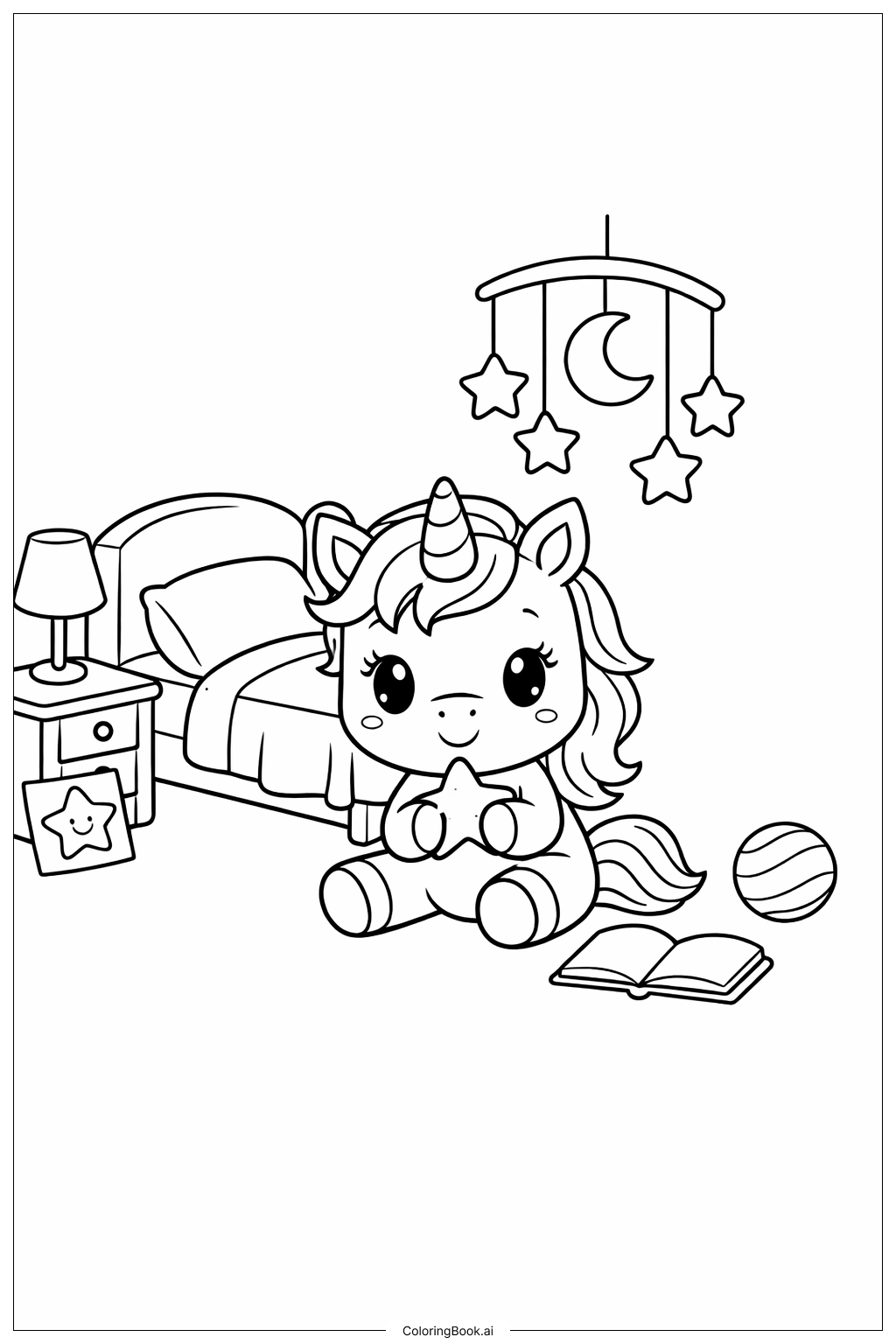  Page de coloriage Licorne Mignonne au Coucher 