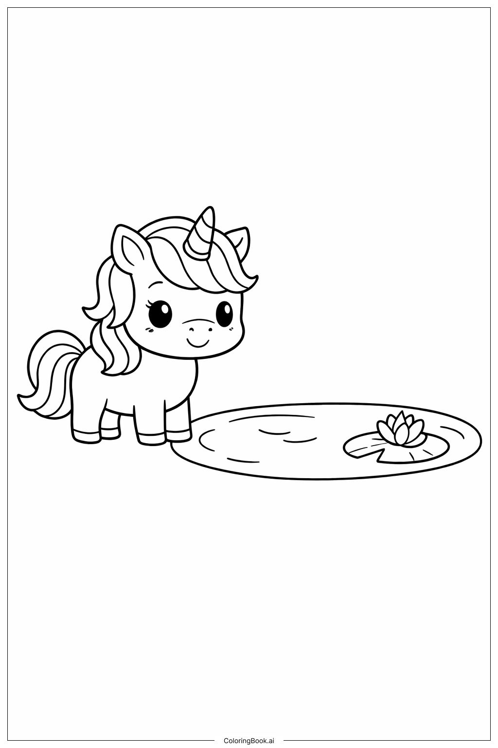  Page de coloriage Joli Licorne au Bord de l'Étang 