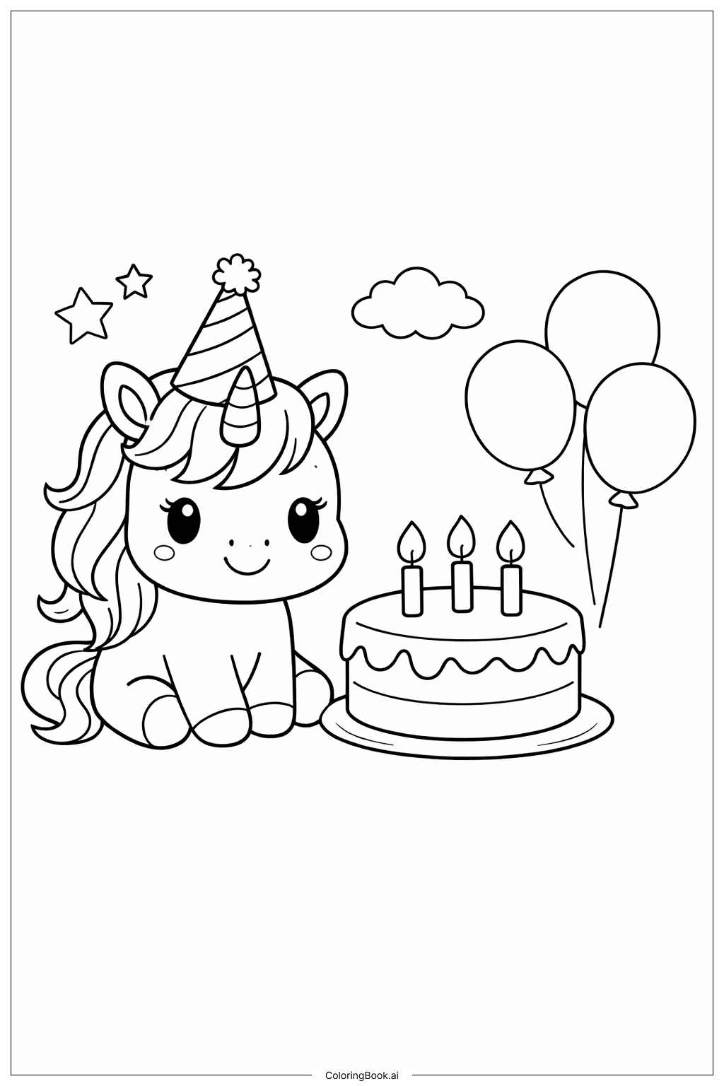  Page de coloriage Célébration d'anniversaire de licorne mignonne 