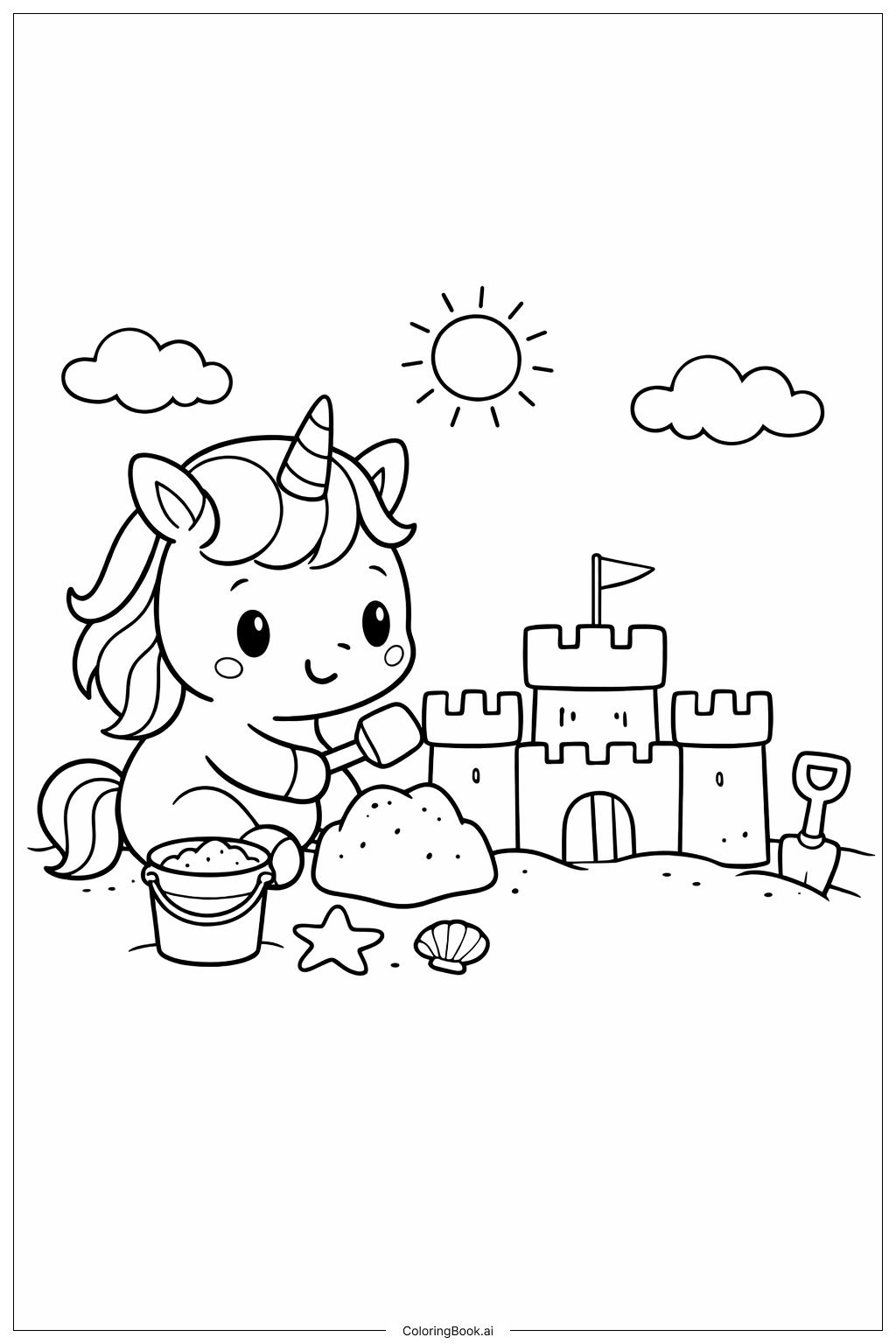  Page de coloriage Adorable licorne construisant un château de sable 