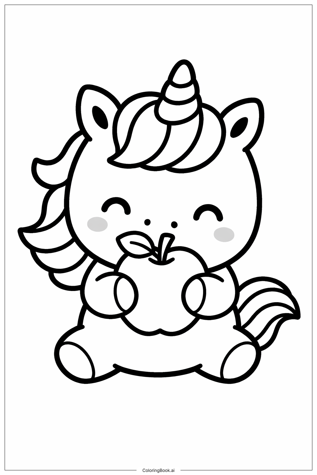  Page de coloriage Licorne mignonne mangeant une pomme 