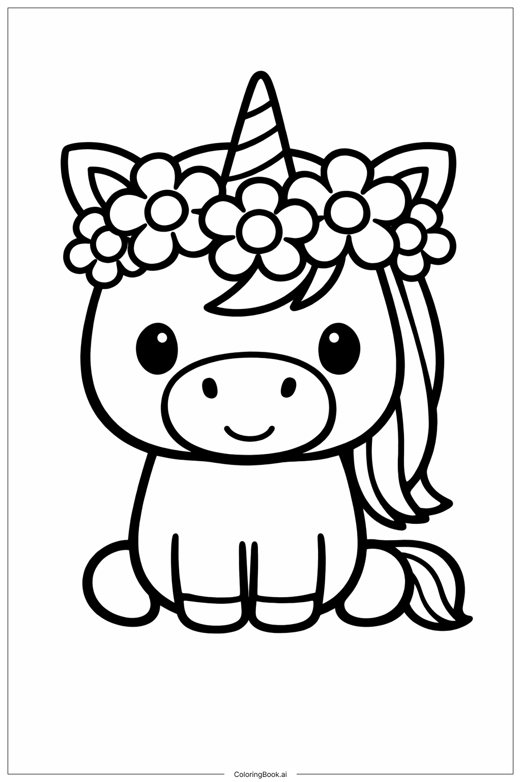  Page de coloriage Licorne mignonne avec couronne de fleurs 