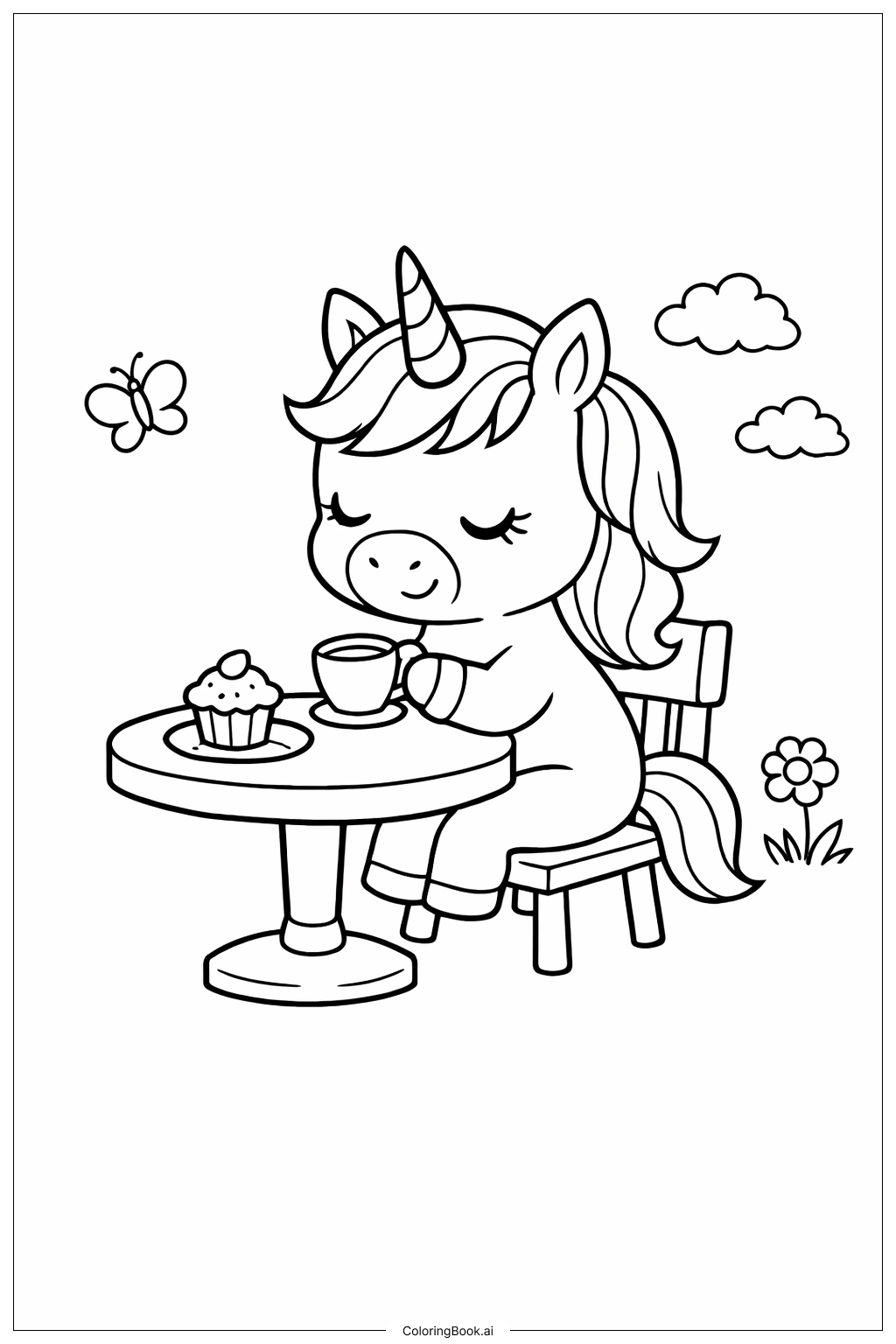  Page de coloriage Licorne mignonne faisant une fête de thé 