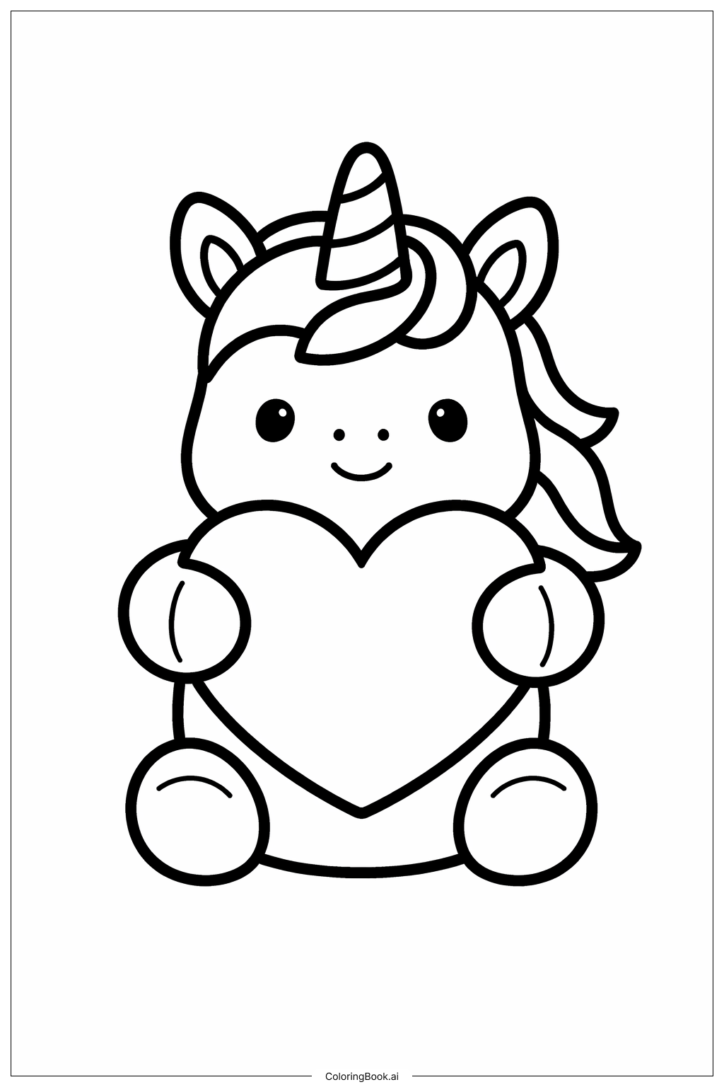  Page de coloriage Joli Licorne Tenant un Cœur 
