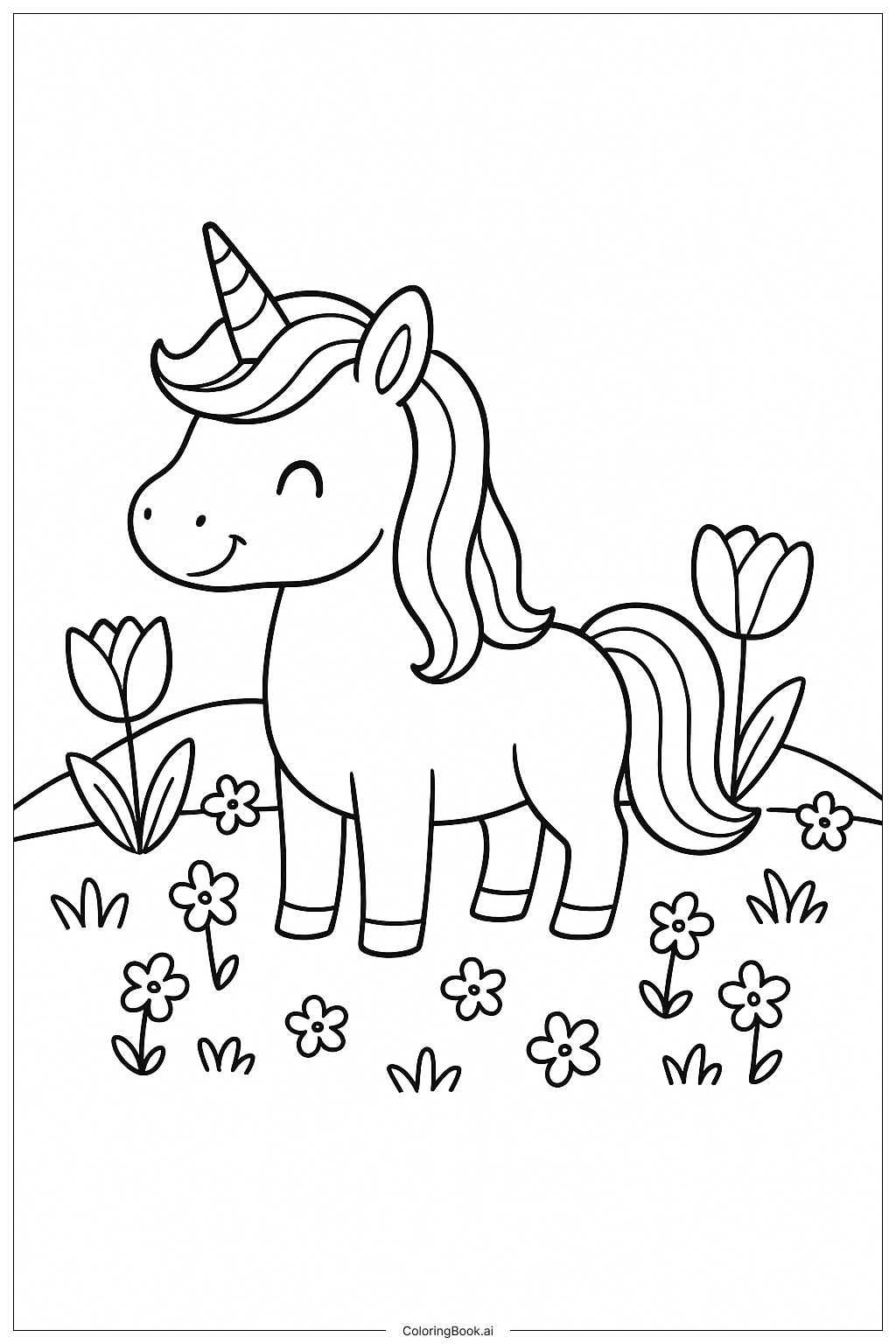  Page de coloriage Joli Licorne dans un Pré Fleuri 
