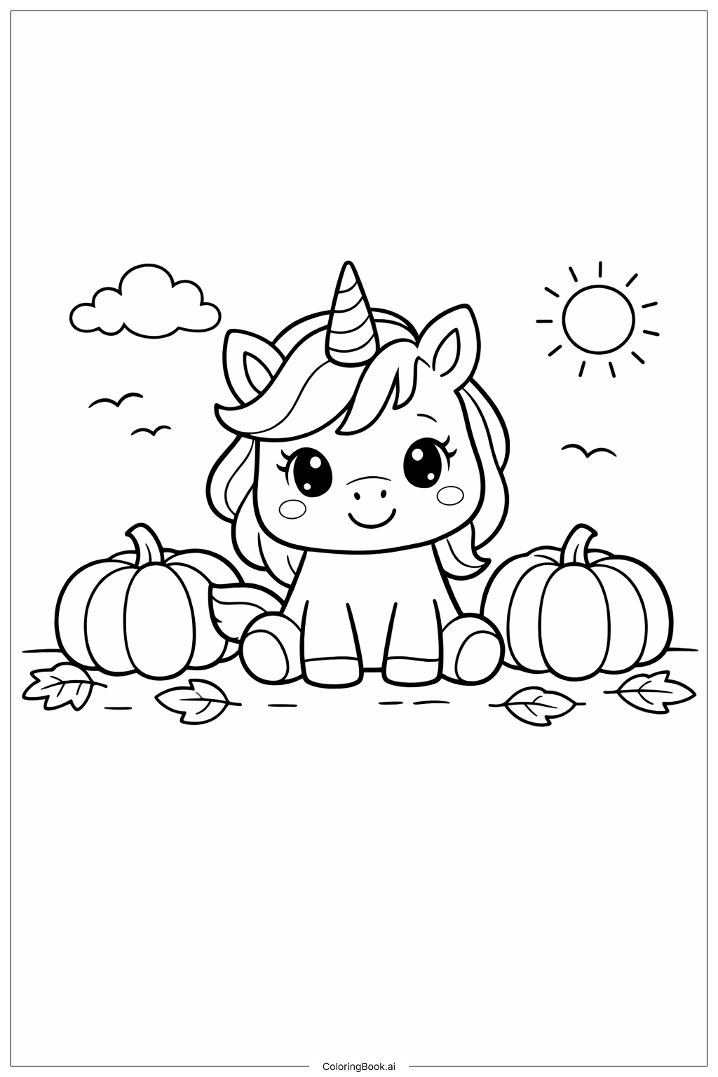 Licorne mignonne dans un champ de citrouilles