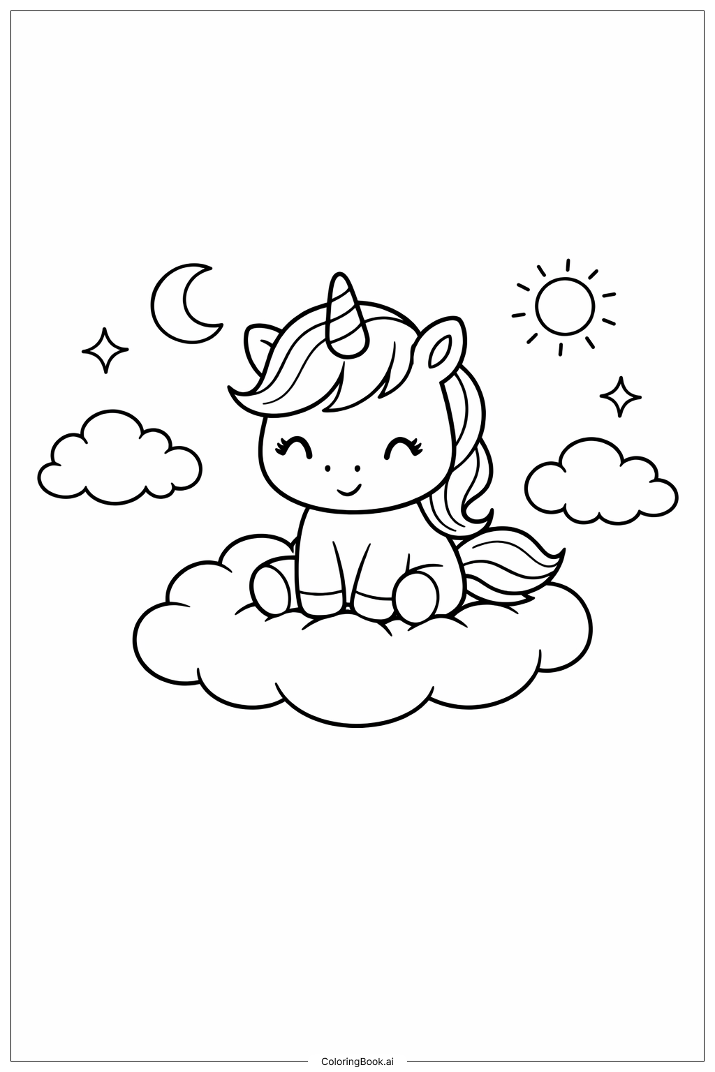  Page de coloriage Joli Licorne sur un Nuage 