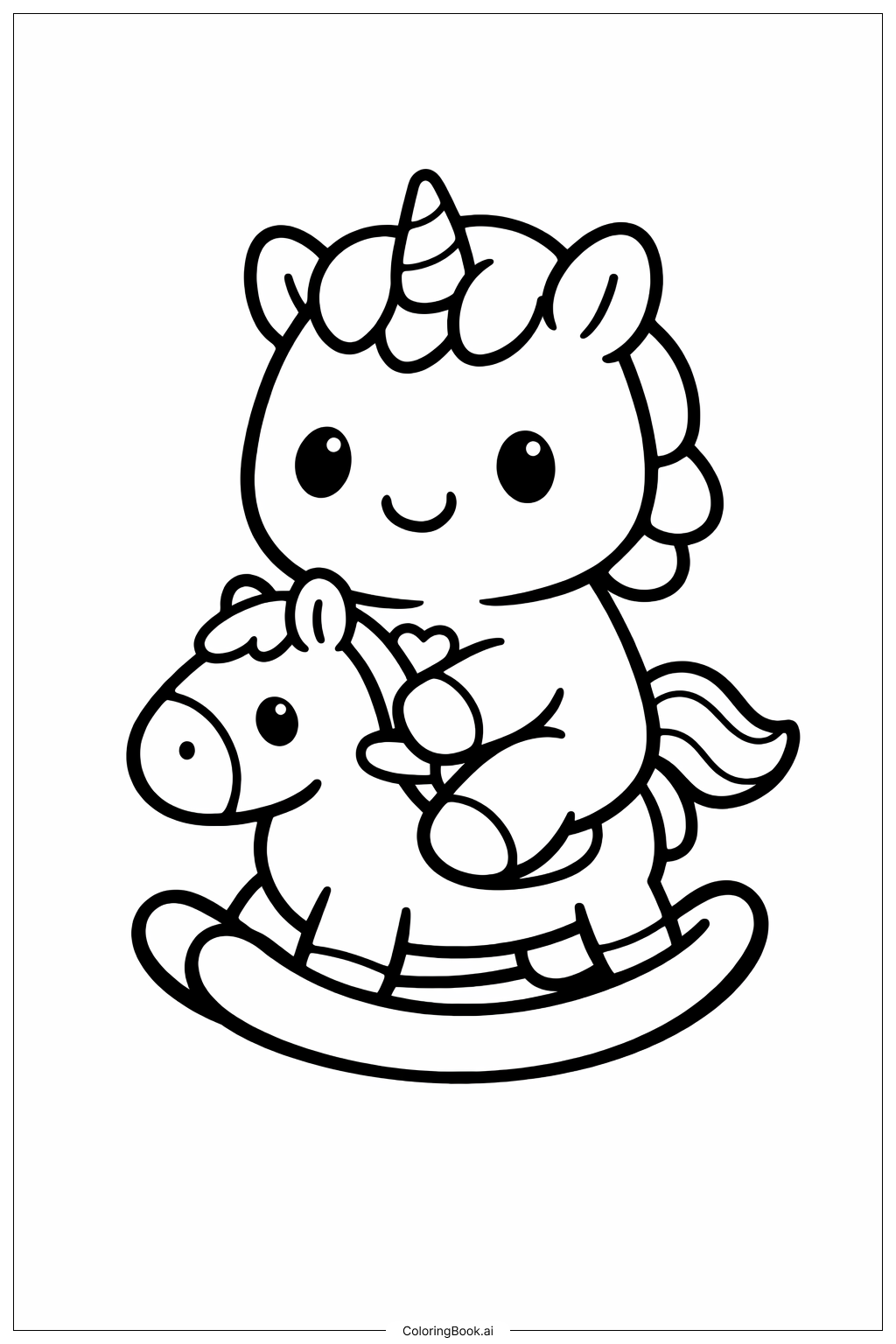 Page de coloriage Licorne mignonne sur cheval à bascule 